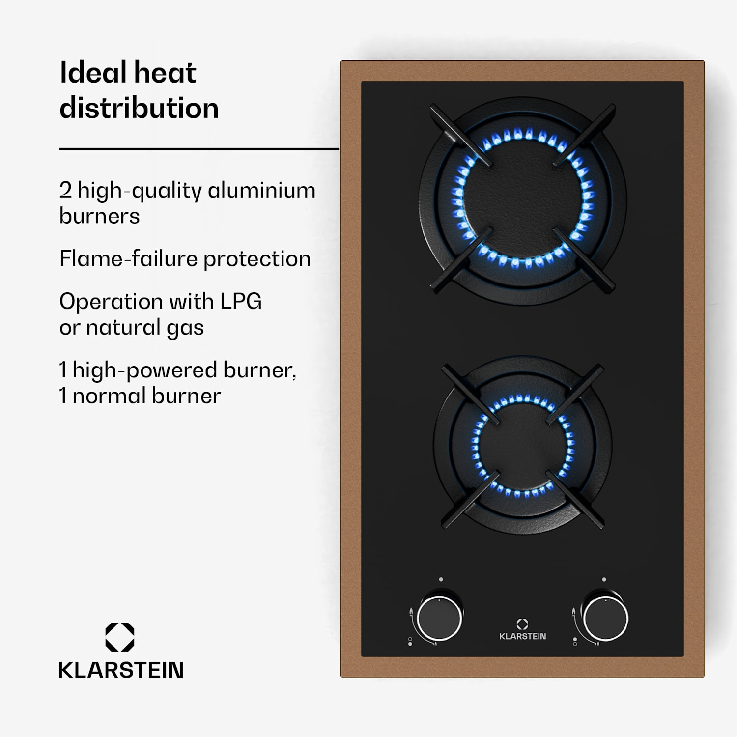 Lumiflame-kaasuliesitaso | 2 poltinta | kuparikehys | sähkösytytys | 4,2 kW teho 30 cm | Lasi | Musta