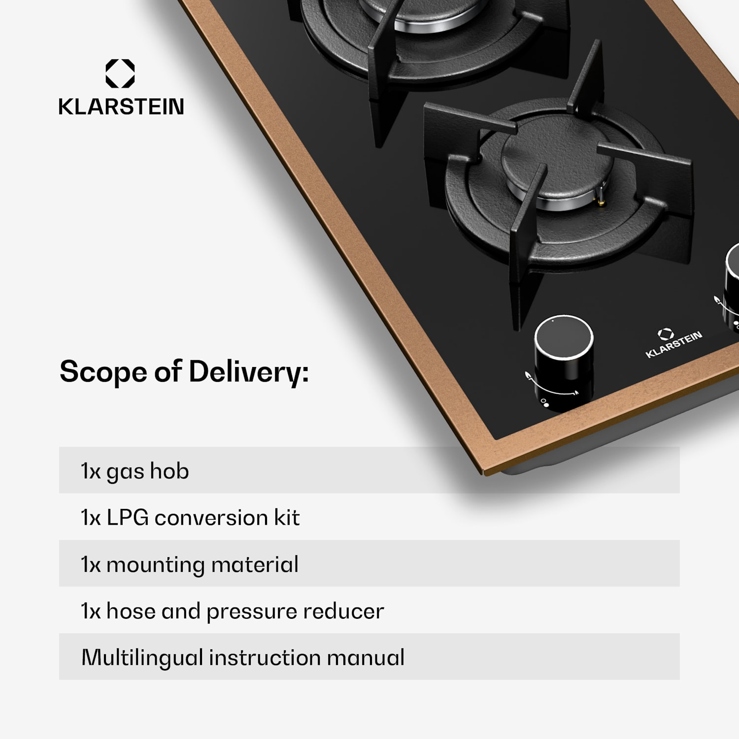 Lumiflame-kaasuliesitaso | 2 poltinta | kuparikehys | sähkösytytys | 4,2 kW teho 30 cm | Lasi | Musta