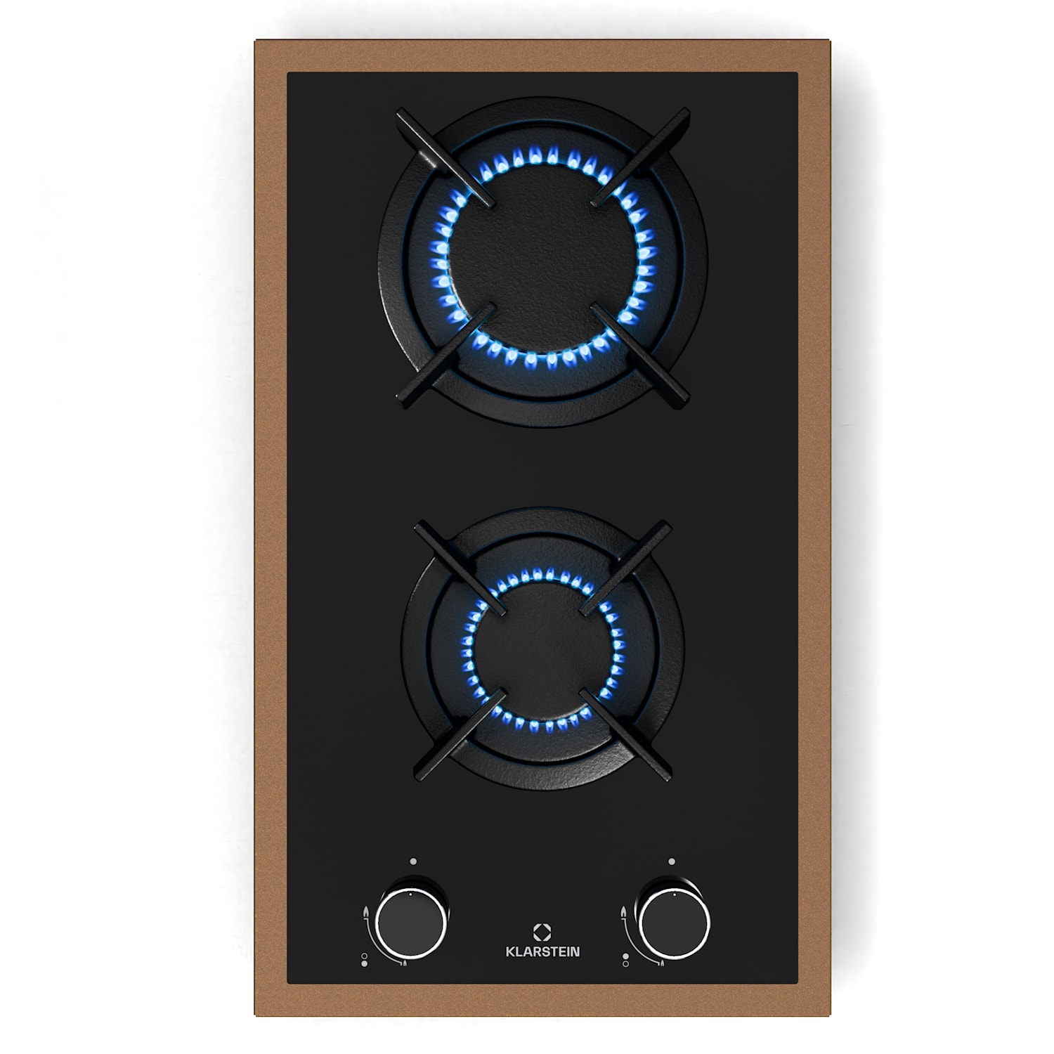 Lumiflame Placa de gas | 2 quemadores | Marco de cobre | Encendido eléctrico | Potencia 4,2 kW 30 cm | Cristal | Negro