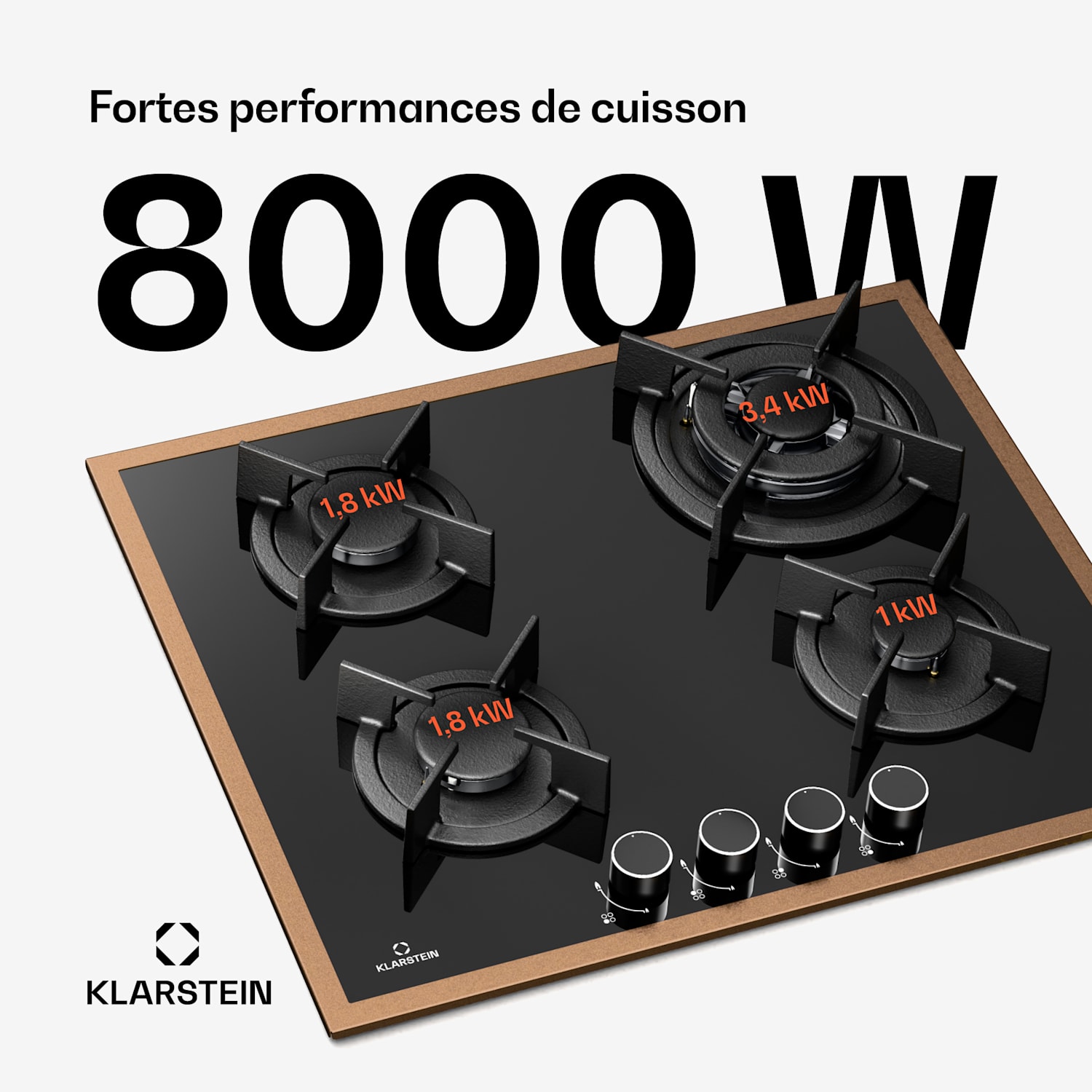 Lumiflame gaskookplaat | 4 branders | Koperen frame | Elektrische ontsteking | 8 kW vermogen 60 cm | Glas | Zwart