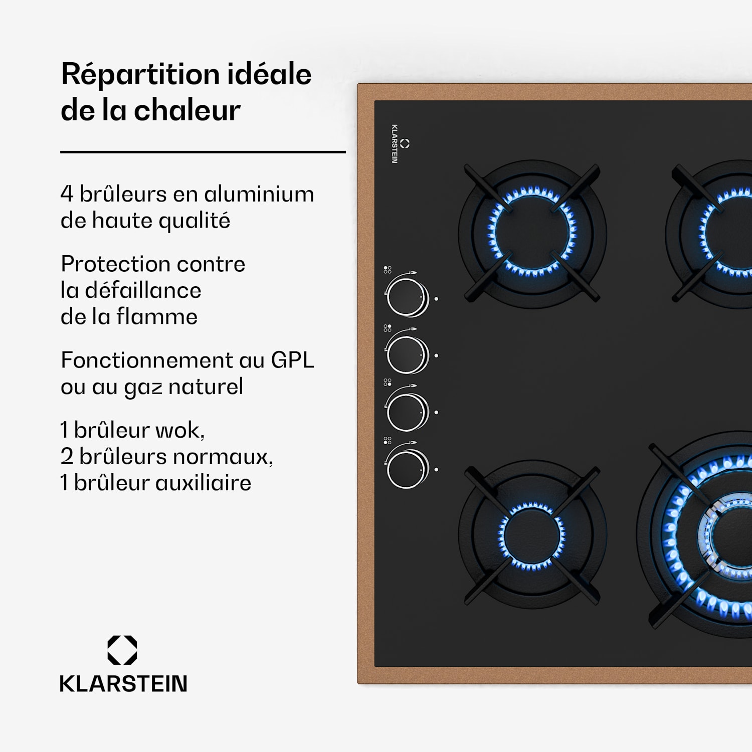 Lumiflame gaskookplaat | 4 branders | Koperen frame | Elektrische ontsteking | 8 kW vermogen 60 cm | Glas | Zwart