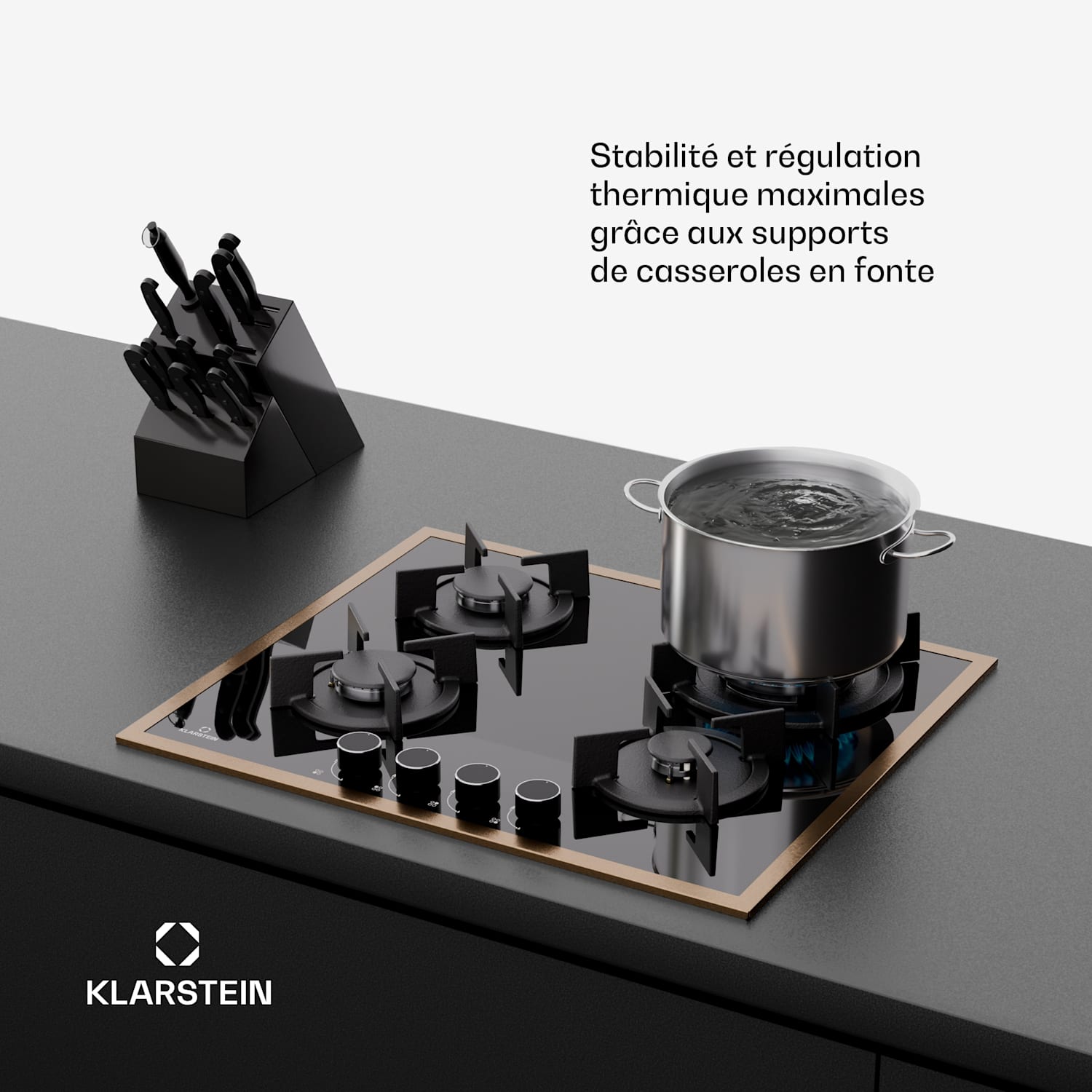 Lumiflame gaskookplaat | 4 branders | Koperen frame | Elektrische ontsteking | 8 kW vermogen 60 cm | Glas | Zwart
