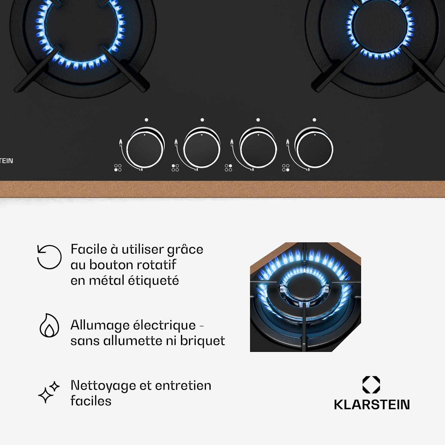 Lumiflame gaskookplaat | 4 branders | Koperen frame | Elektrische ontsteking | 8 kW vermogen 60 cm | Glas | Zwart