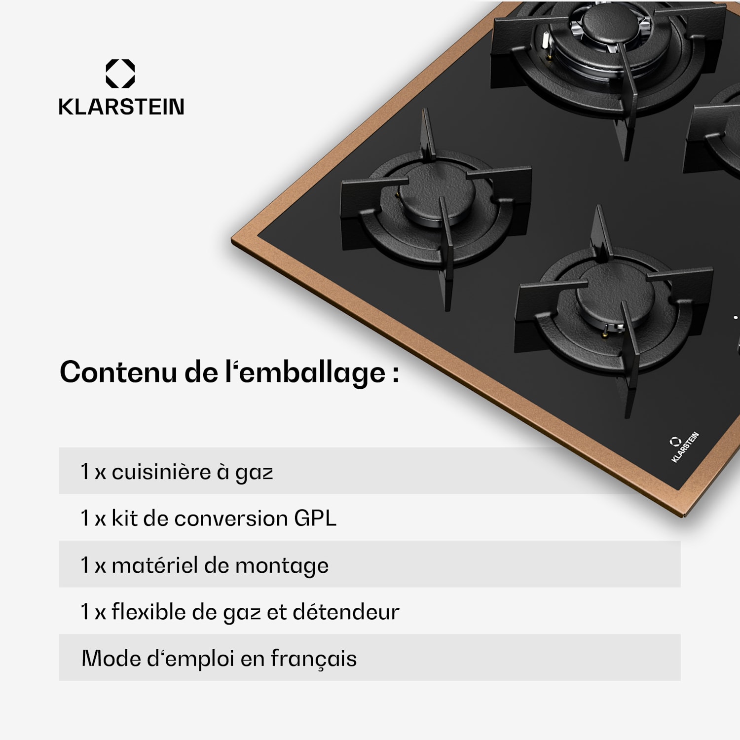 Lumiflame gaskookplaat | 4 branders | Koperen frame | Elektrische ontsteking | 8 kW vermogen 60 cm | Glas | Zwart