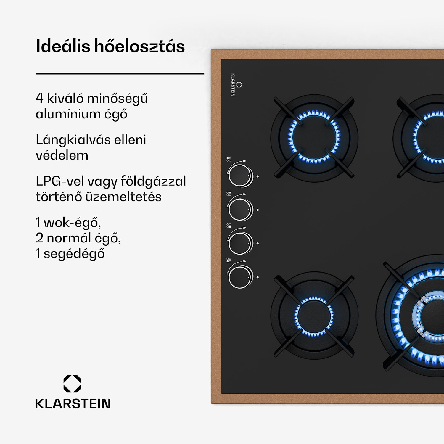 Lumiflame gáz főzőlap, 4 égő, réz keret, elektromos gyújtás, 8 kW teljesítmény 