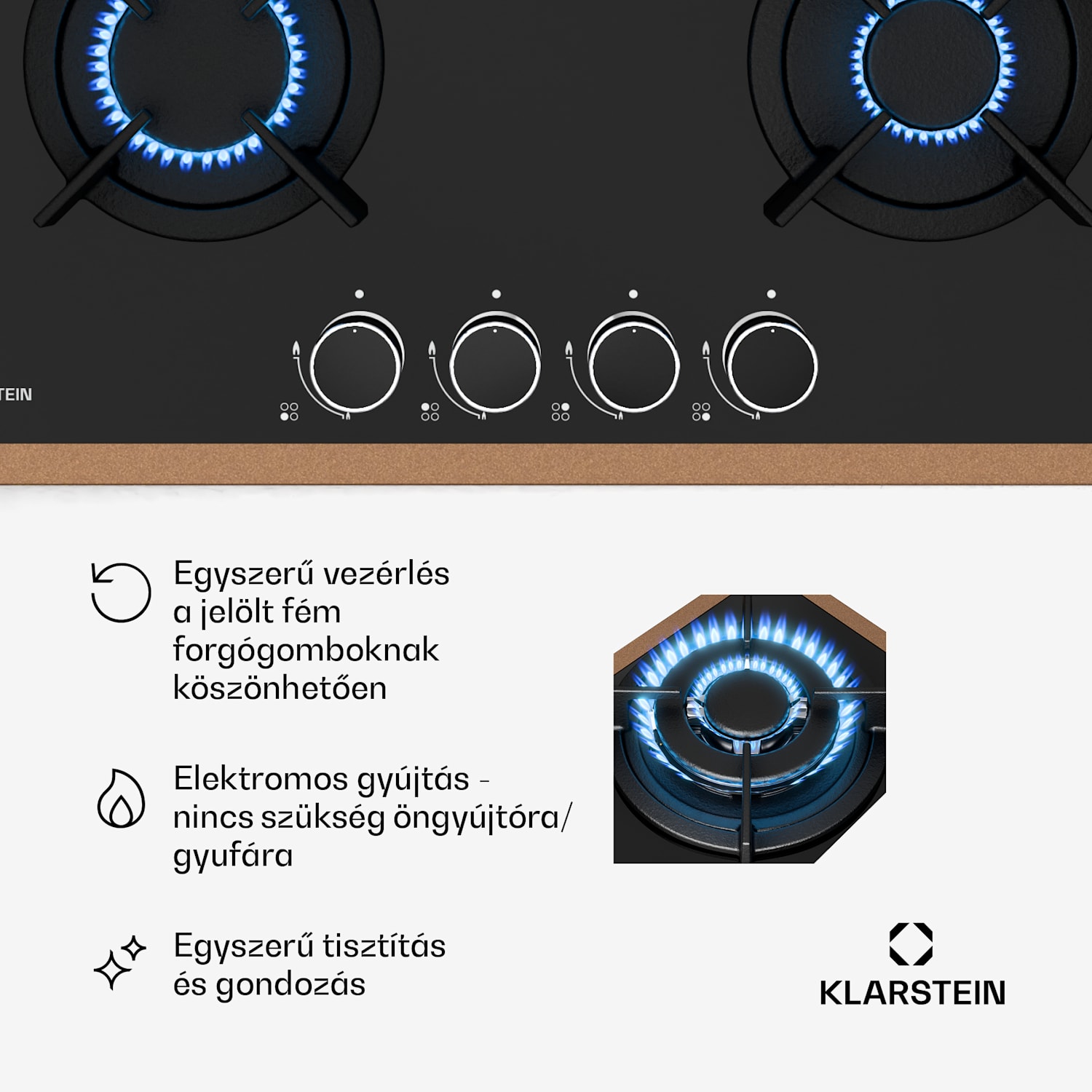 Lumiflame gáz főzőlap, 4 égő, réz keret, elektromos gyújtás, 8 kW teljesítmény 