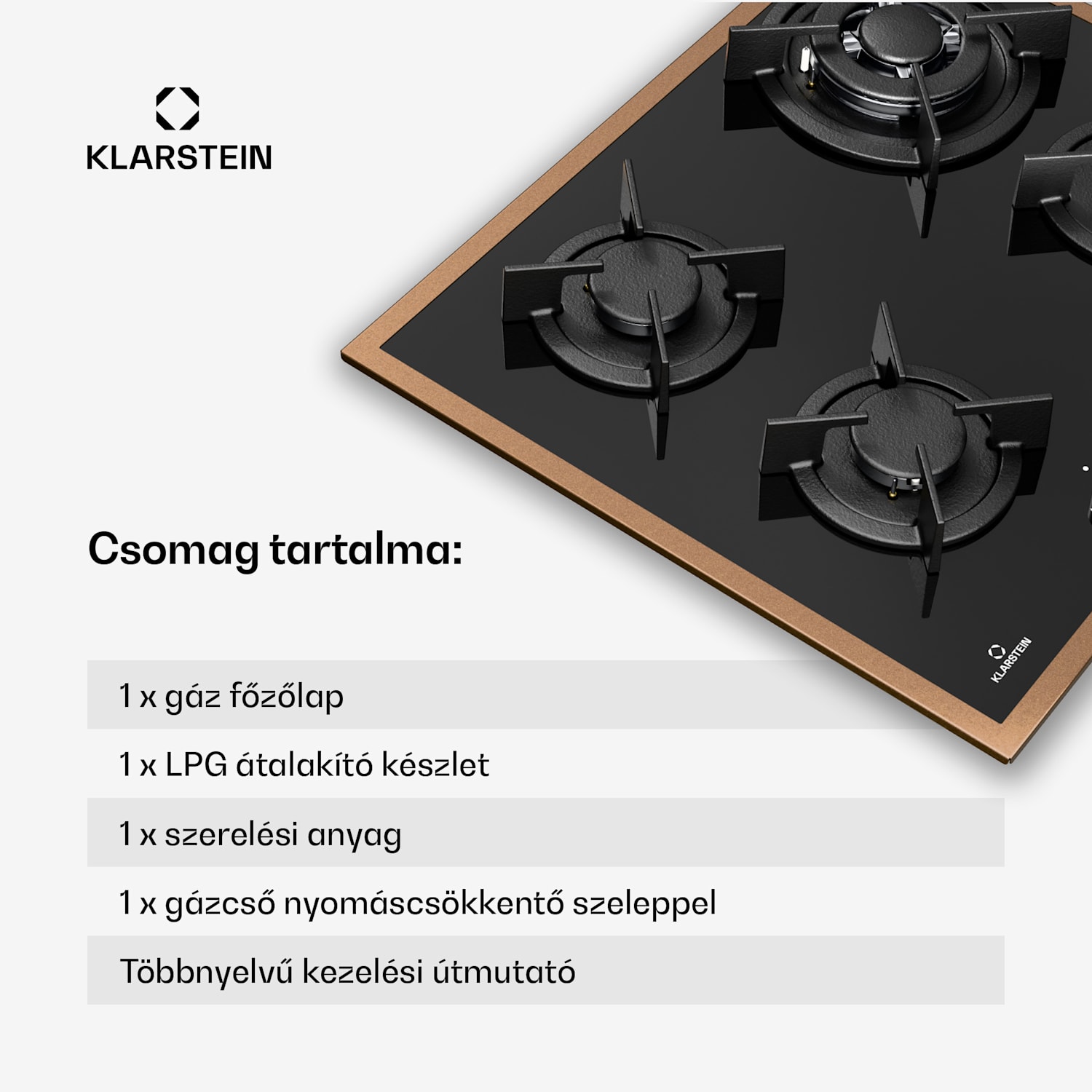 Lumiflame gáz főzőlap, 4 égő, réz keret, elektromos gyújtás, 8 kW teljesítmény 