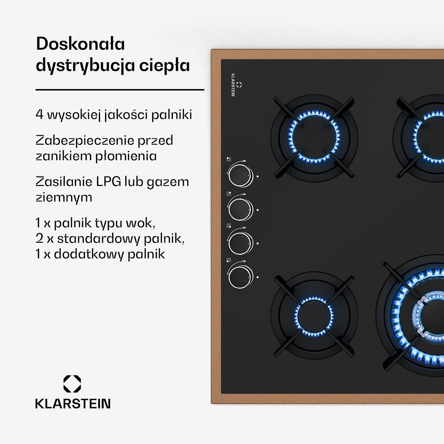 Lumiflame płyta gazowa, 4 palniki, miedziana rama, zapłon elektryczny, 8 kW 60 cm | Szkło | Czarny