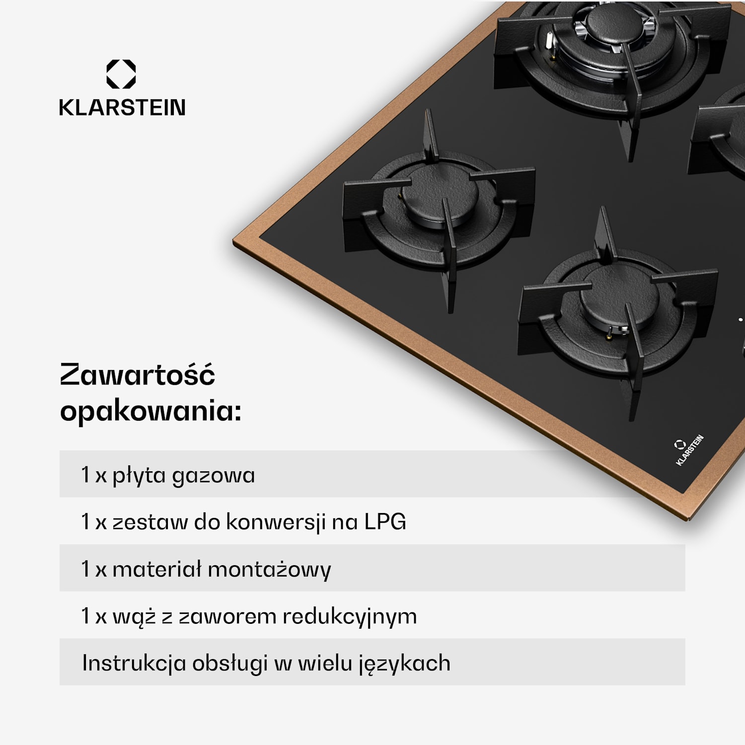 Lumiflame płyta gazowa, 4 palniki, miedziana rama, zapłon elektryczny, 8 kW 60 cm | Szkło | Czarny