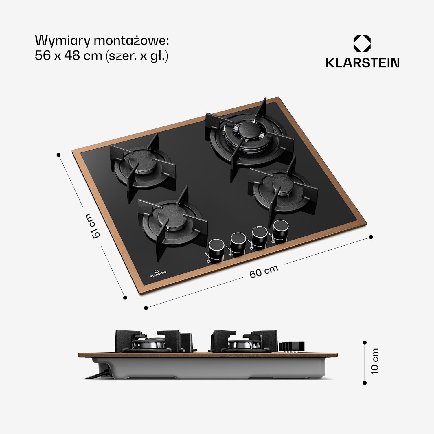 Lumiflame płyta gazowa, 4 palniki, miedziana rama, zapłon elektryczny, 8 kW 60 cm | Szkło | Czarny