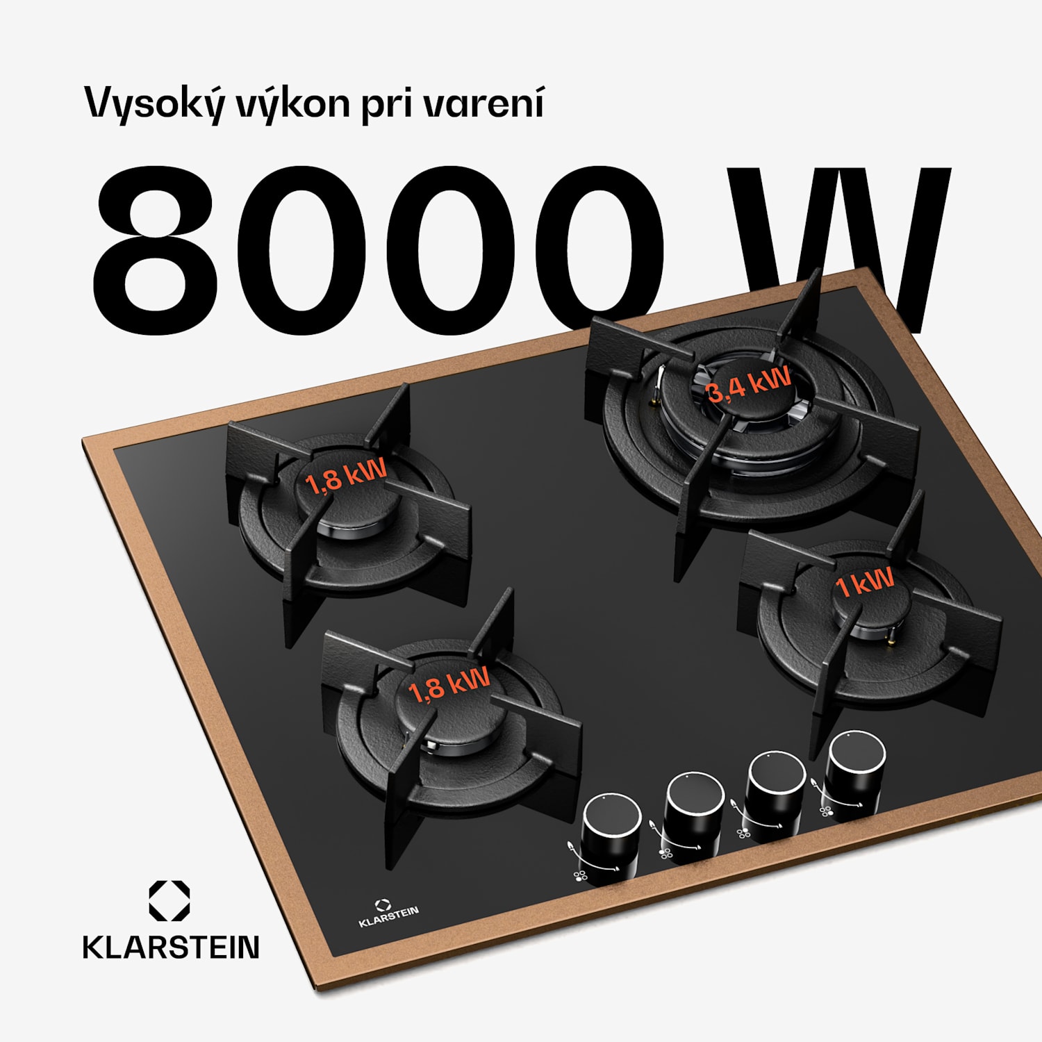 Lumiflame plynová varná doska, 4 horáky, medený rám, elektrické zapaľovanie, výkon 8 kW 60 cm | Sklo | Čierna