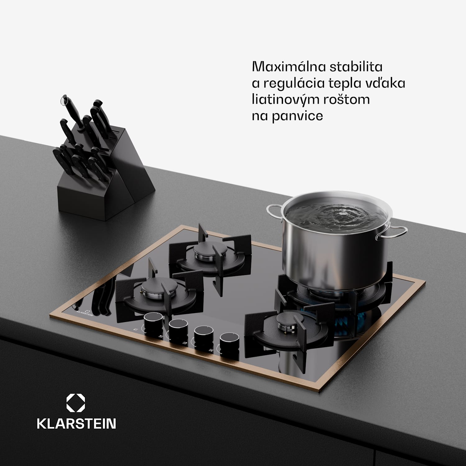 Lumiflame plynová varná doska, 4 horáky, medený rám, elektrické zapaľovanie, výkon 8 kW 60 cm | Sklo | Čierna