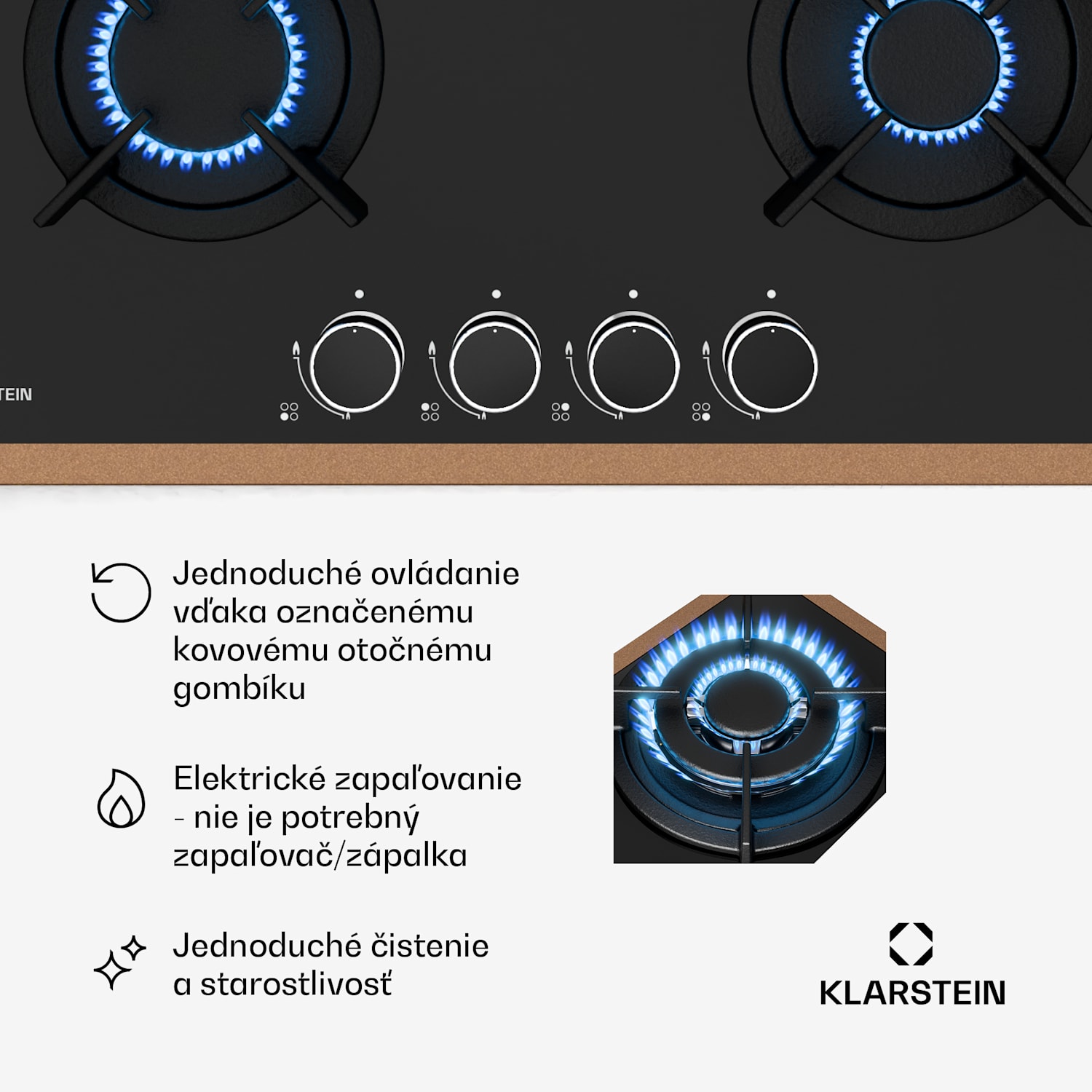 Lumiflame plynová varná doska, 4 horáky, medený rám, elektrické zapaľovanie, výkon 8 kW 60 cm | Sklo | Čierna