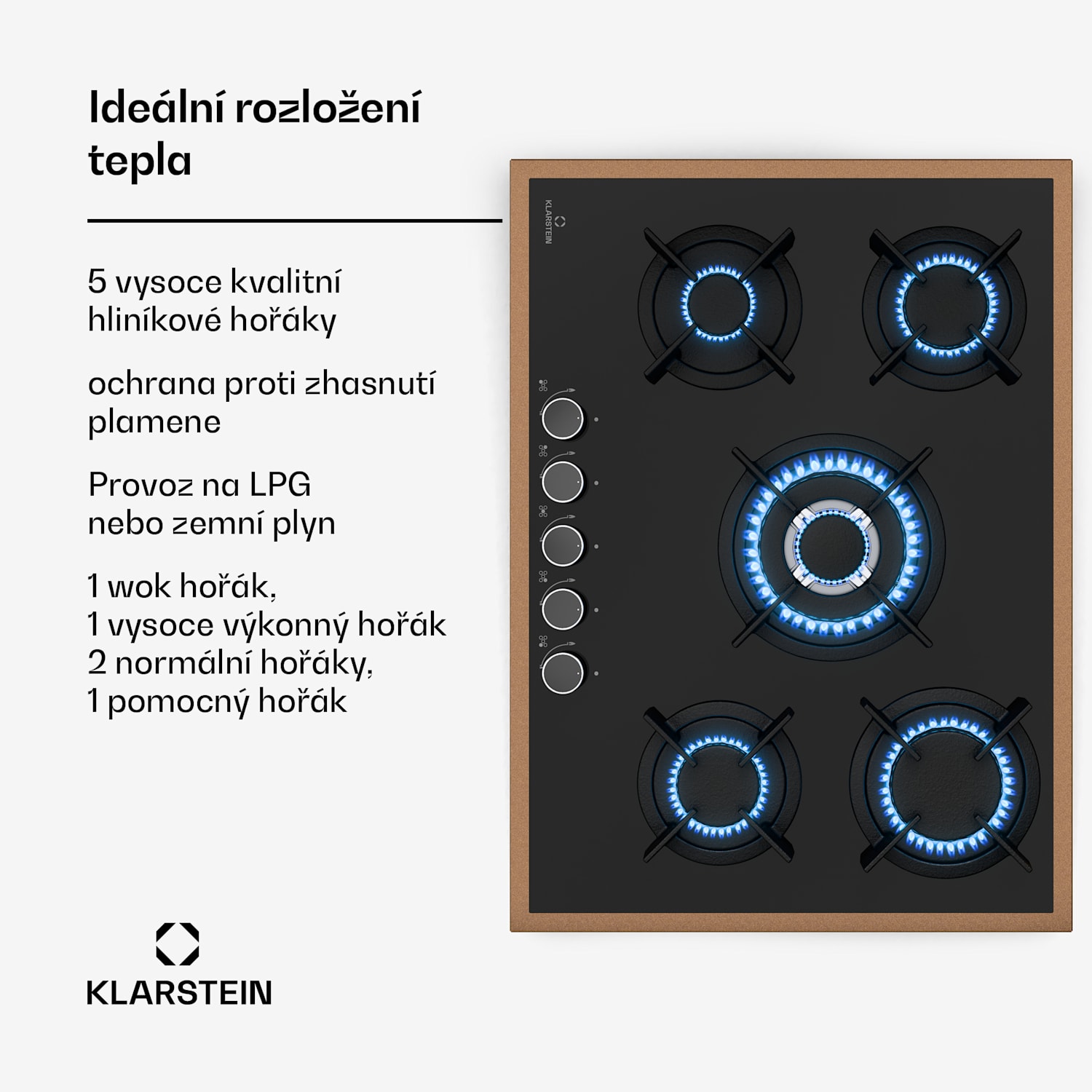 Lumiflame plynová varná deska, 5 hořáků, měděný rám, elektrické zapalování, výkon 10,4 kW 70 cm | Sklo | Černá