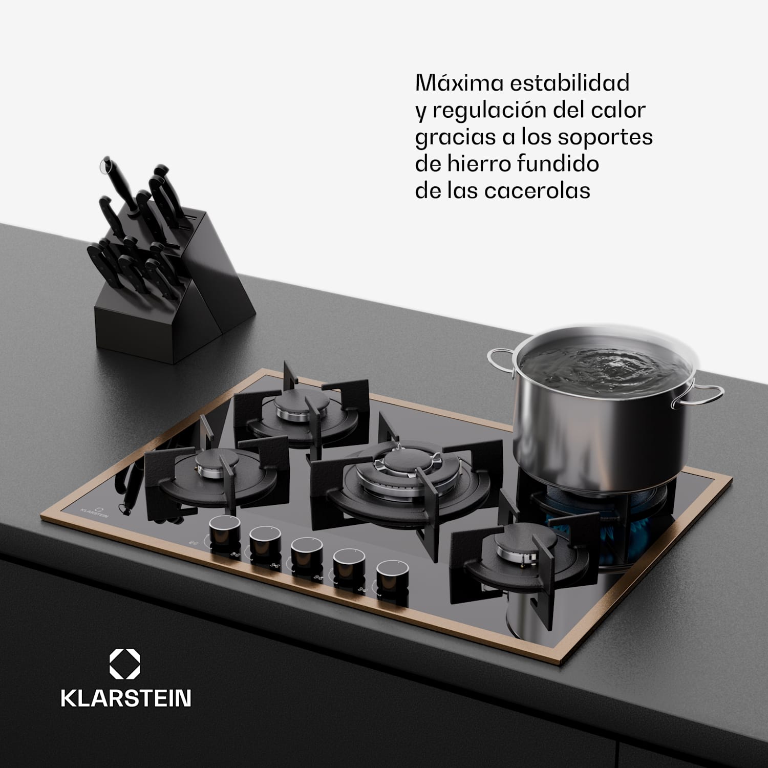 Lumiflame Placa de gas | 5 quemadores | Marco de cobre | Encendido eléctrico | Potencia 10,4 kW 70 cm | Cristal | Negro