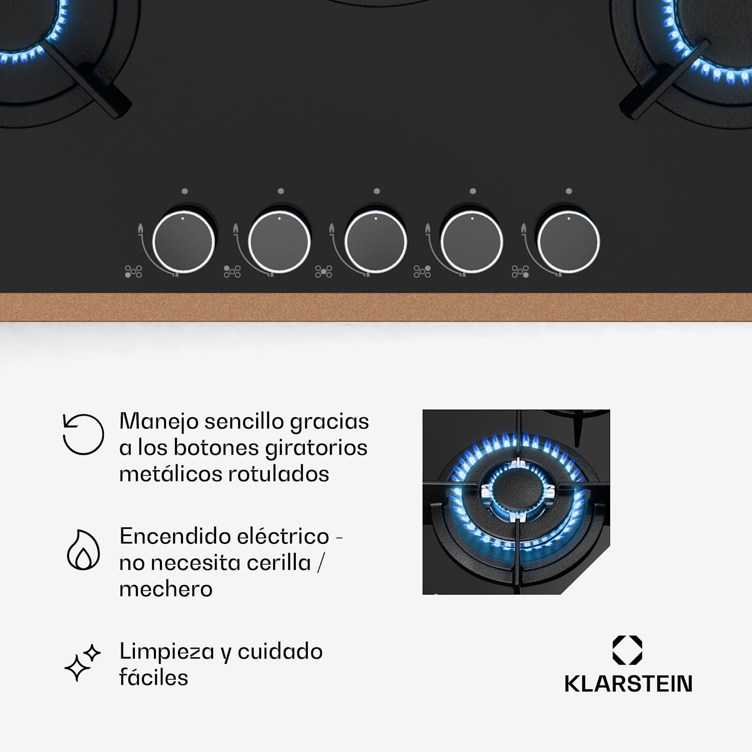 Lumiflame Placa de gas | 5 quemadores | Marco de cobre | Encendido eléctrico | Potencia 10,4 kW 70 cm | Cristal | Negro
