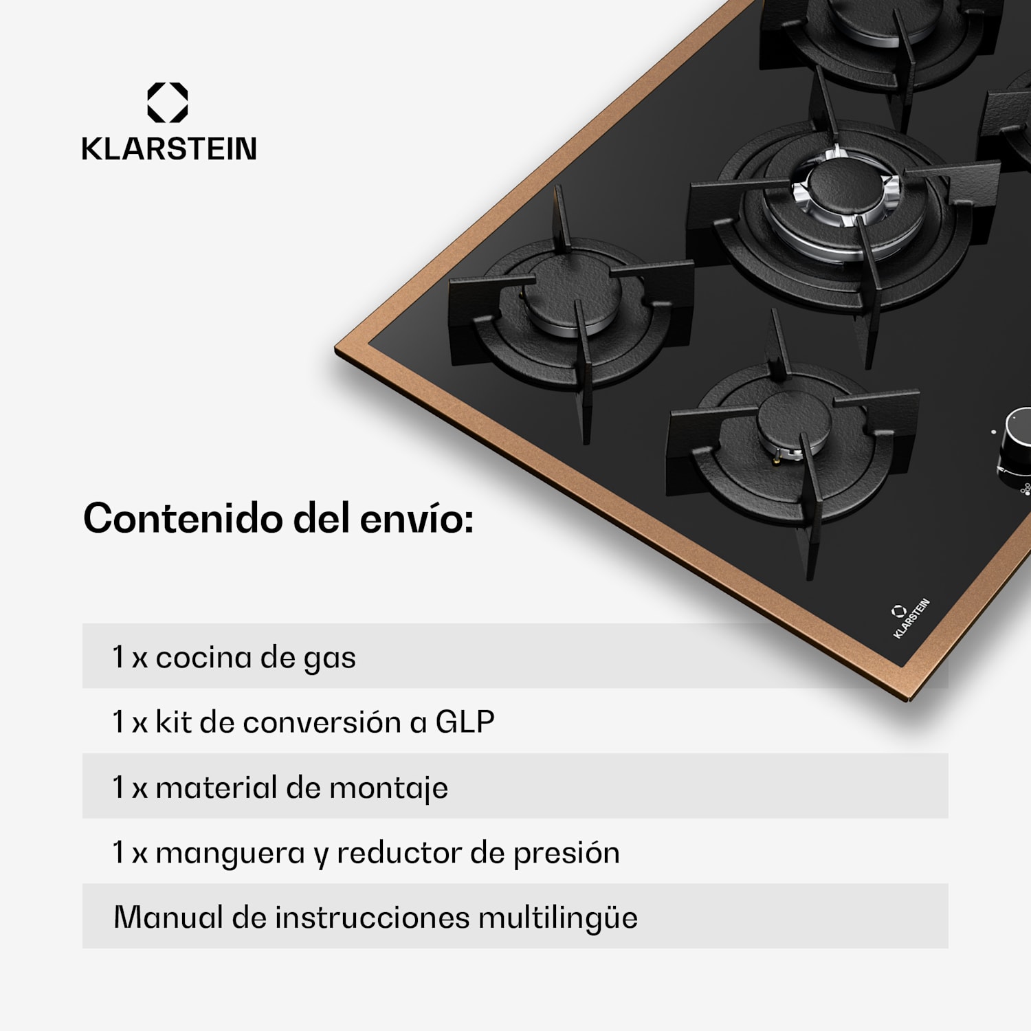 Lumiflame Placa de gas | 5 quemadores | Marco de cobre | Encendido eléctrico | Potencia 10,4 kW 70 cm | Cristal | Negro