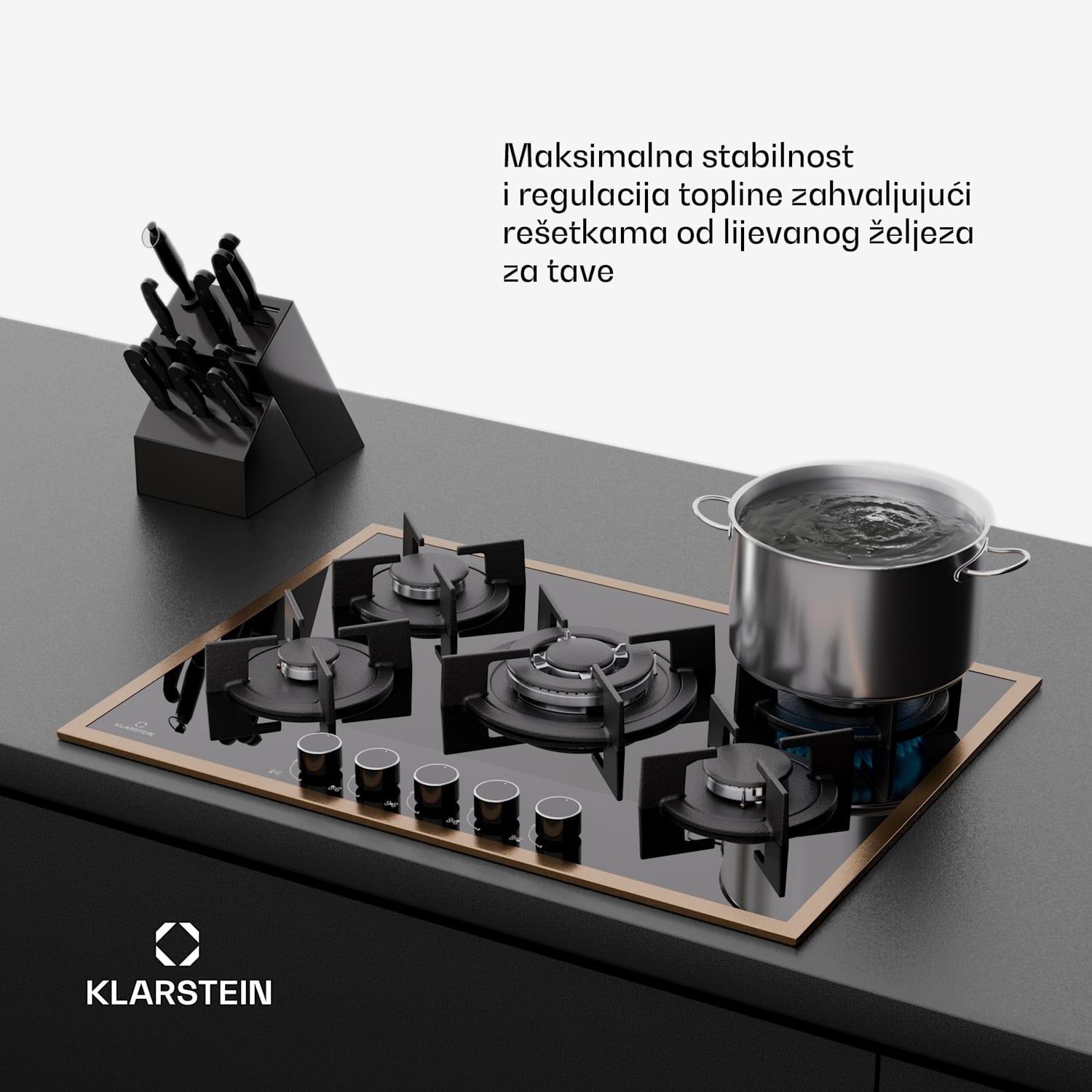 Lumiflame plinska ploča za kuhanje, 5 plamenika, bakreni okvir, električno paljenje, snaga 10,4 kW 70 cm | Staklo | Crna