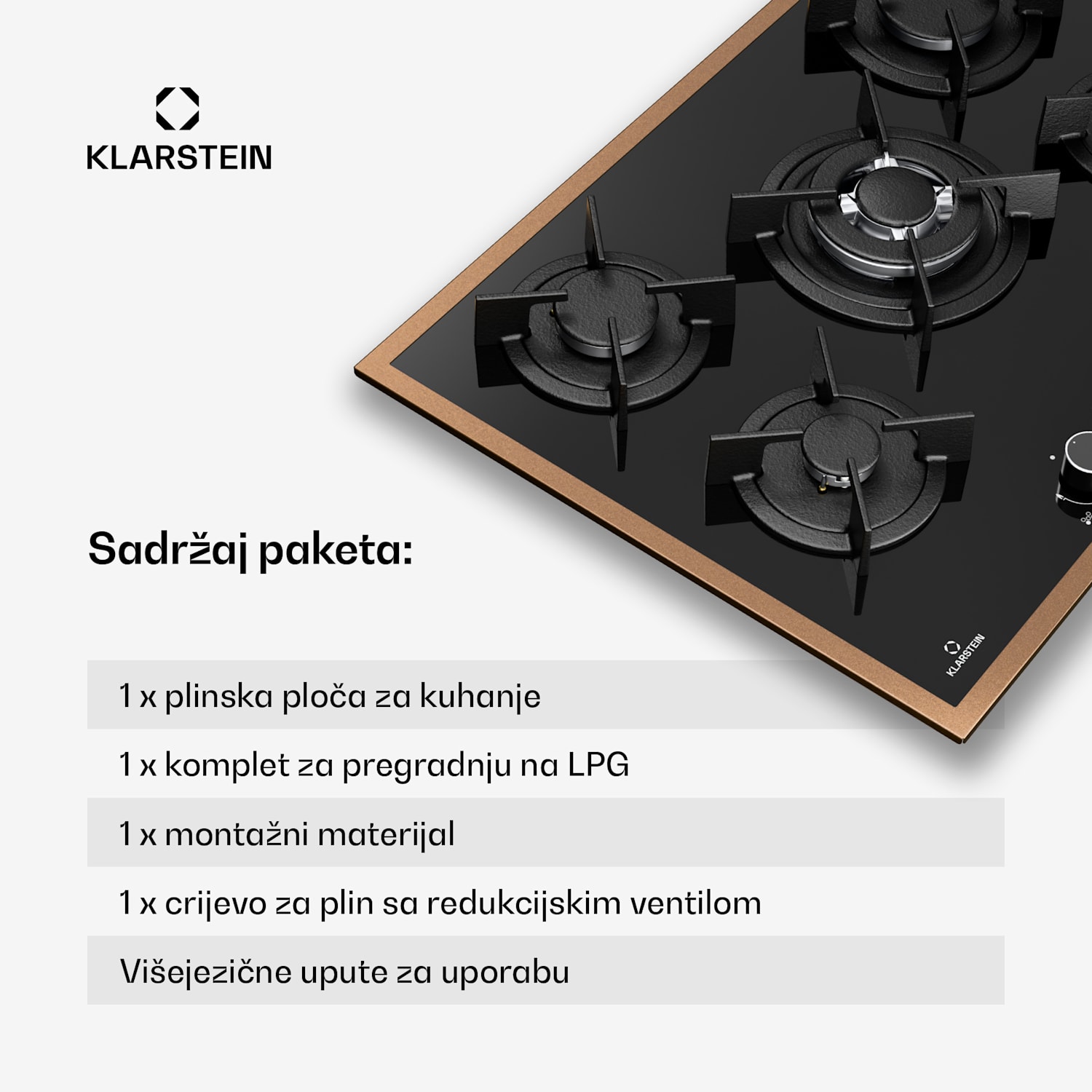 Lumiflame plinska ploča za kuhanje, 5 plamenika, bakreni okvir, električno paljenje, snaga 10,4 kW 70 cm | Staklo | Crna