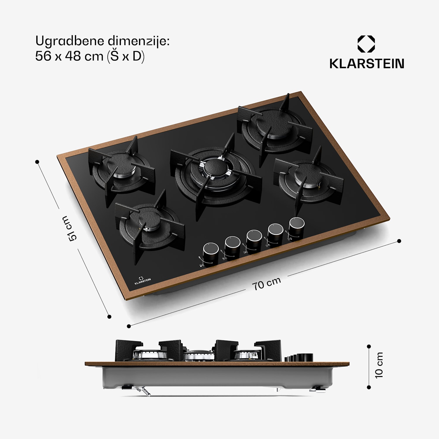 Lumiflame plinska ploča za kuhanje, 5 plamenika, bakreni okvir, električno paljenje, snaga 10,4 kW 70 cm | Staklo | Crna