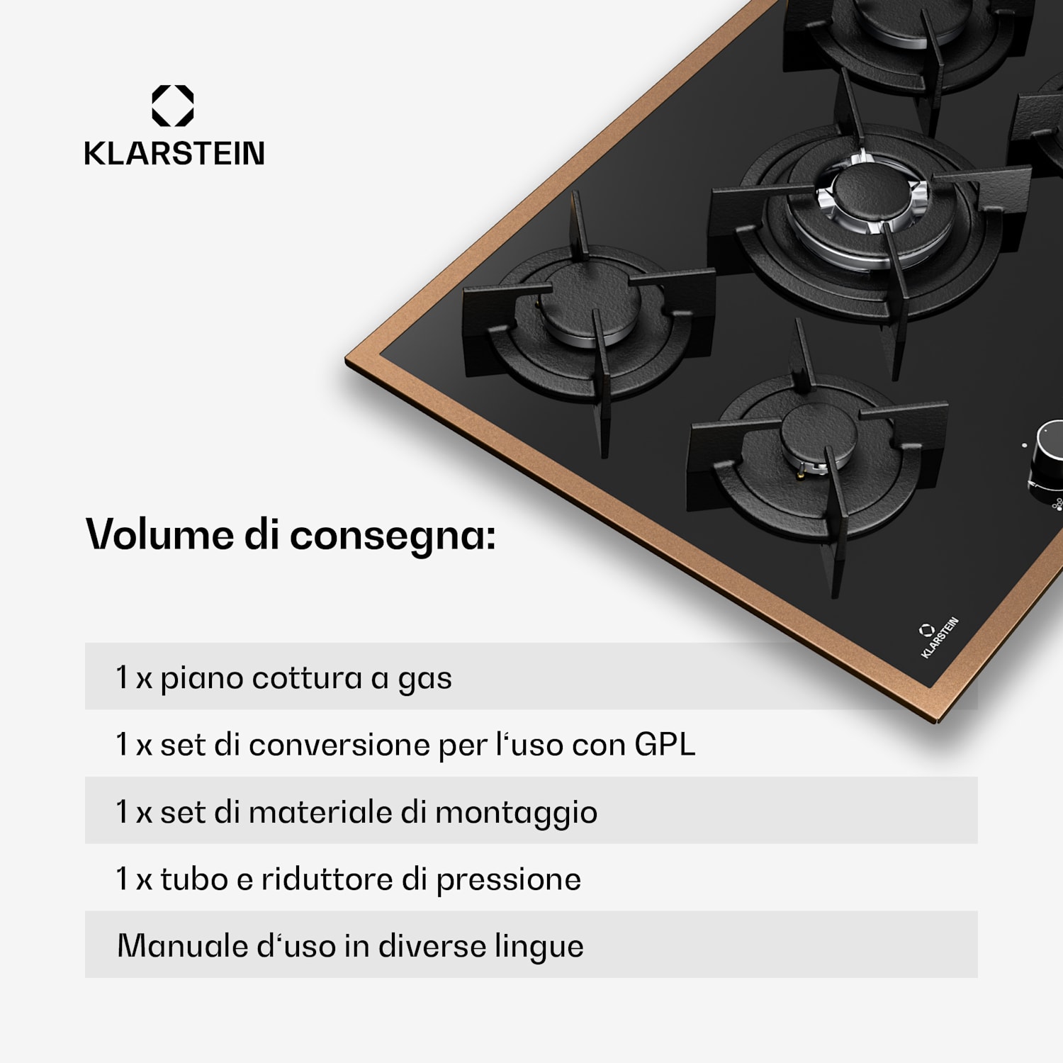 Lumiflame Piano cottura a gas | 5 bruciatori | Telaio in rame | Accensione elettrica | Potenza 10,4 kW 70 cm | Vetro | Nero