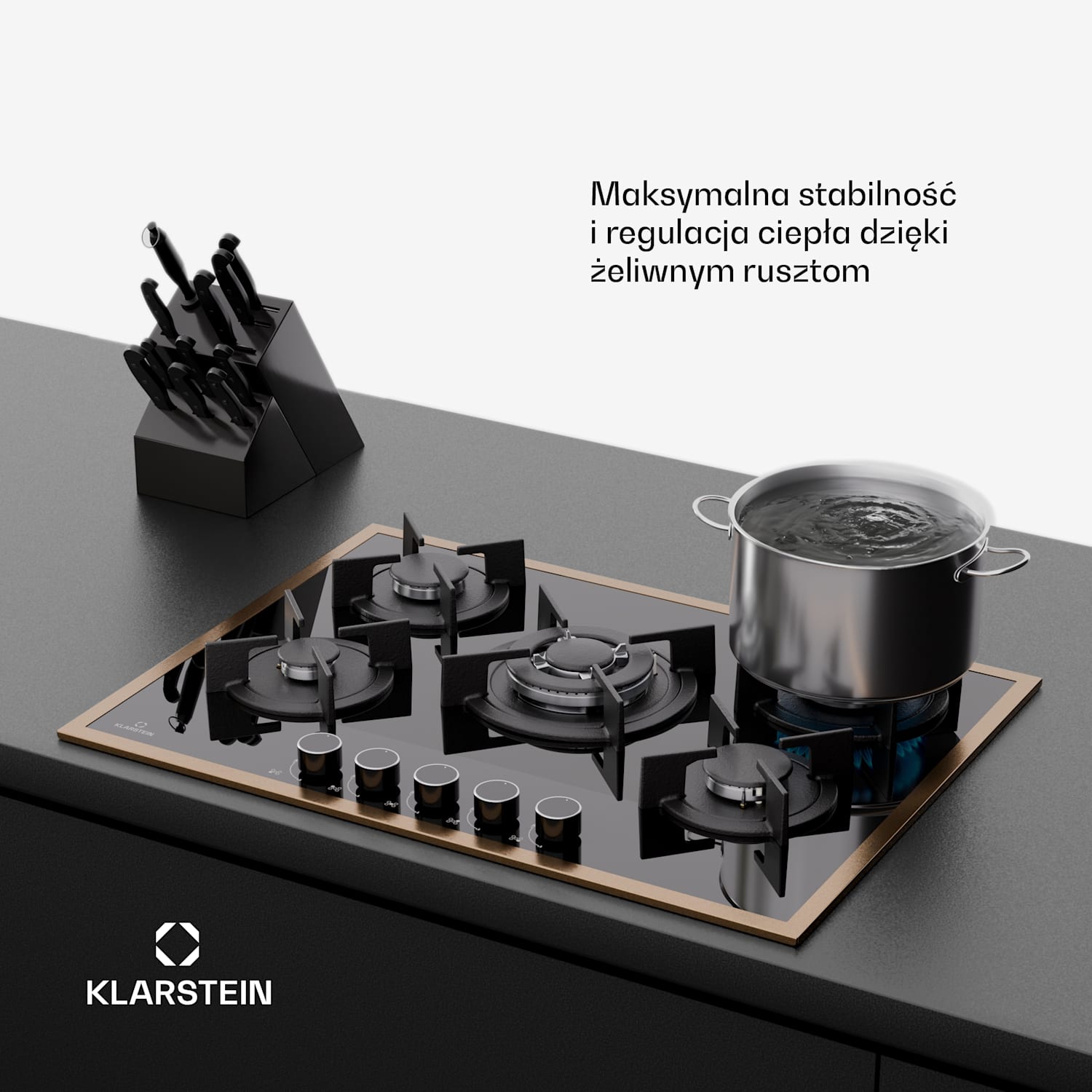 Lumiflame płyta gazowa, 5 palników, miedziana rama, zapłon elektryczny, 10,4 kW 70 cm | Szkło | Czarny