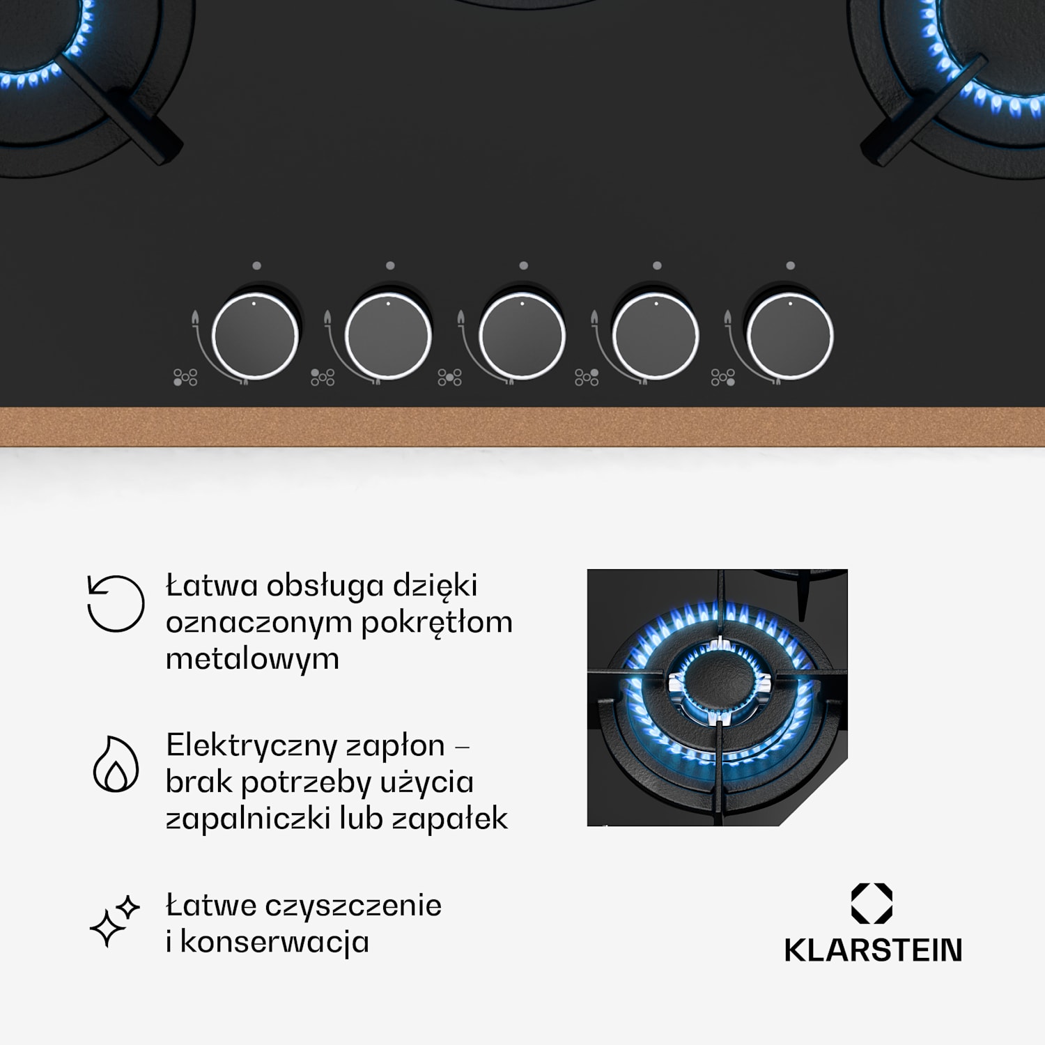 Lumiflame płyta gazowa, 5 palników, miedziana rama, zapłon elektryczny, 10,4 kW 70 cm | Szkło | Czarny