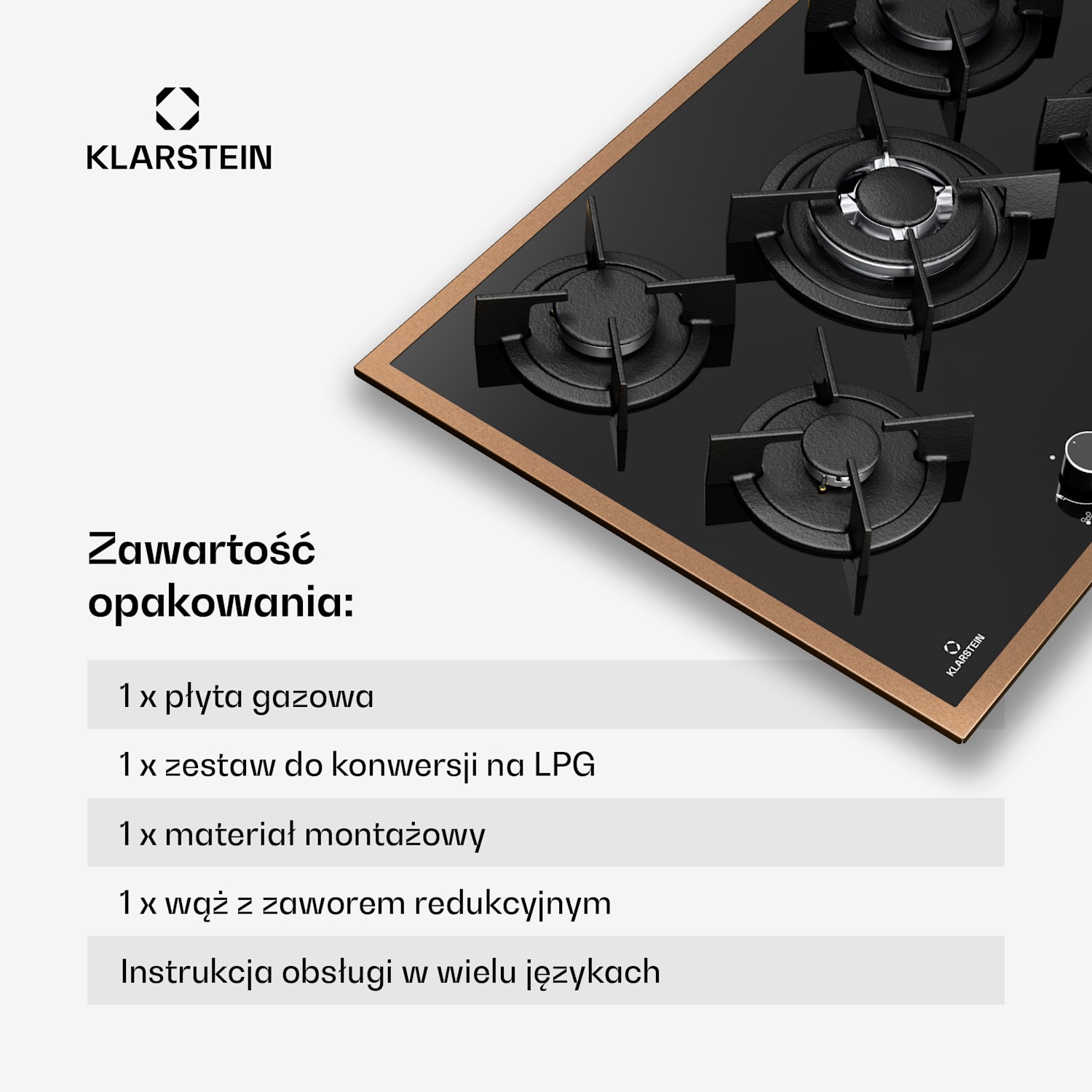 Lumiflame płyta gazowa, 5 palników, miedziana rama, zapłon elektryczny, 10,4 kW 70 cm | Szkło | Czarny