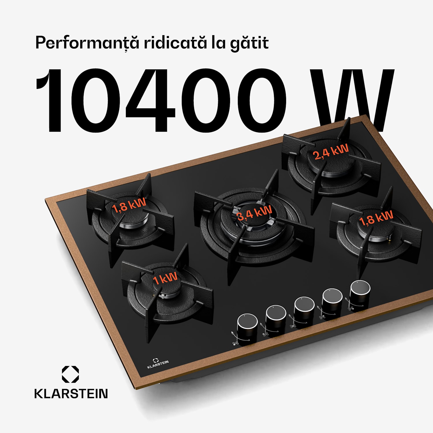 Plită pe gaz Lumiflame, 5 arzătoare, cadru din cupru, aprindere electrică, putere 10,4 kW 70 cm | Sticlă | Negru