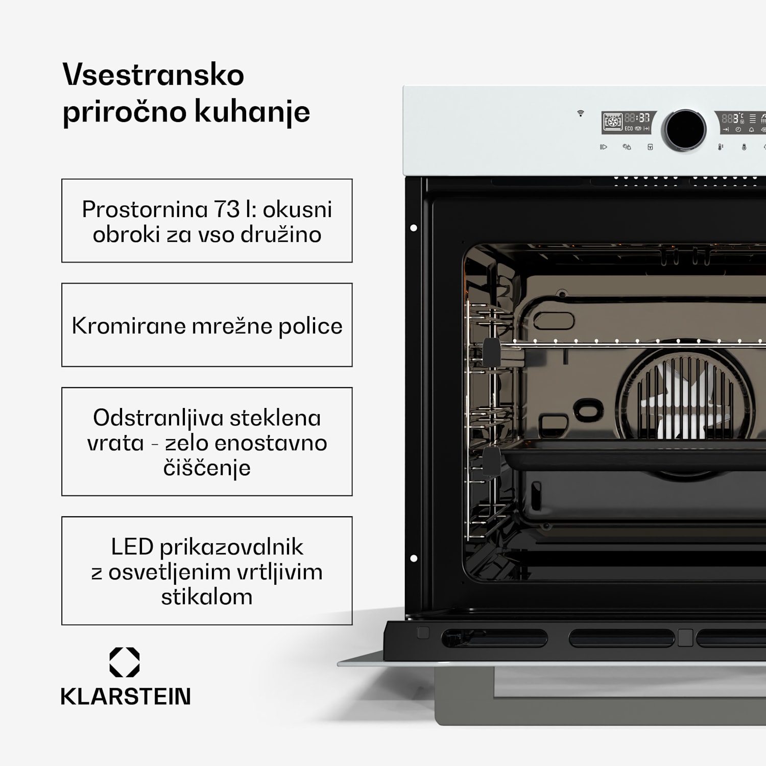 Illuminosa pametna pečica, upravljanje preko aplikacije, energetska učinkovitost A+, Kapaciteta 73 L, 11 funkcij Bela
