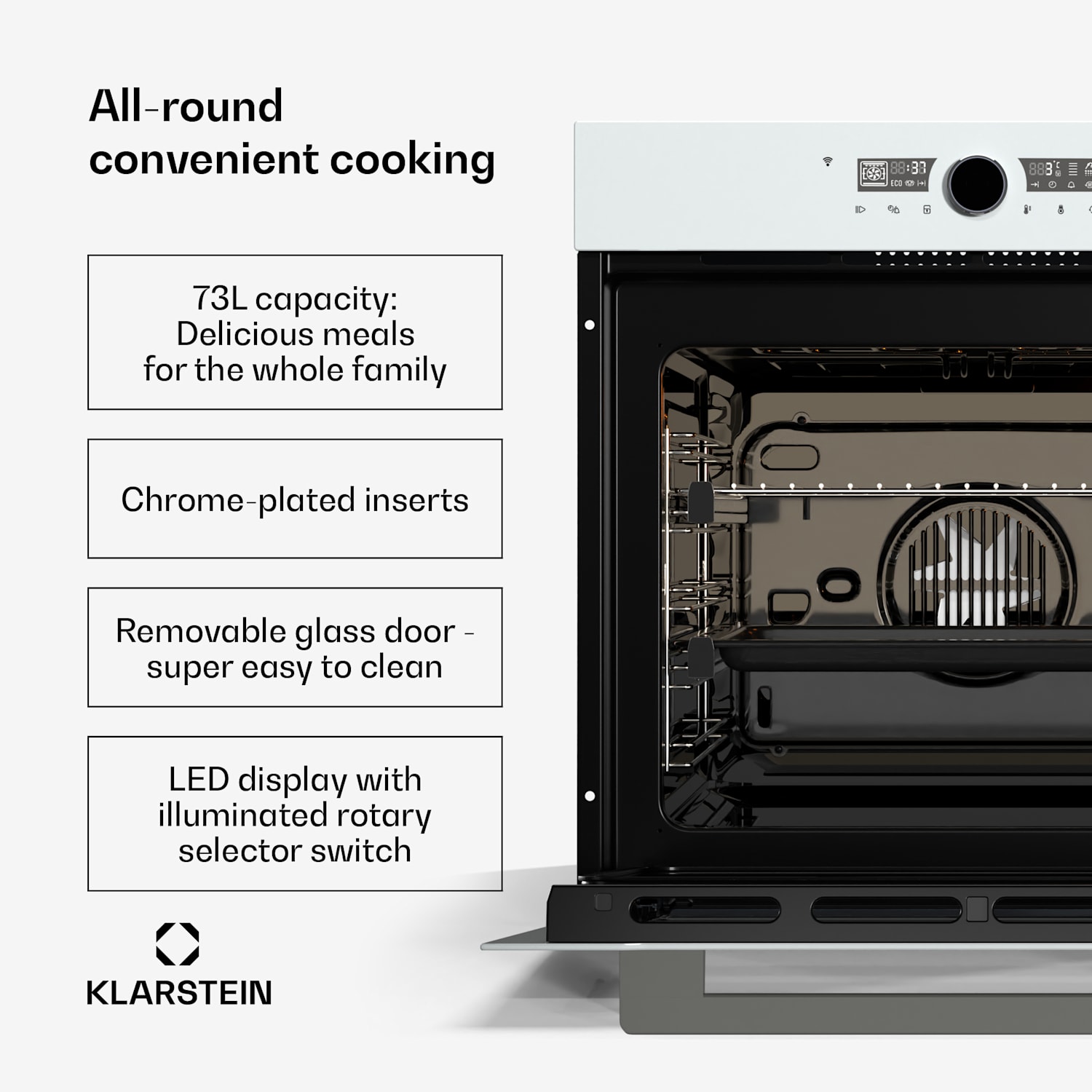 Illuminosa Smart -uuni | sovellusohjaus | A+ energiatehokkuus | 73 litran tilavuus | 11 toimintoa Valkoinen