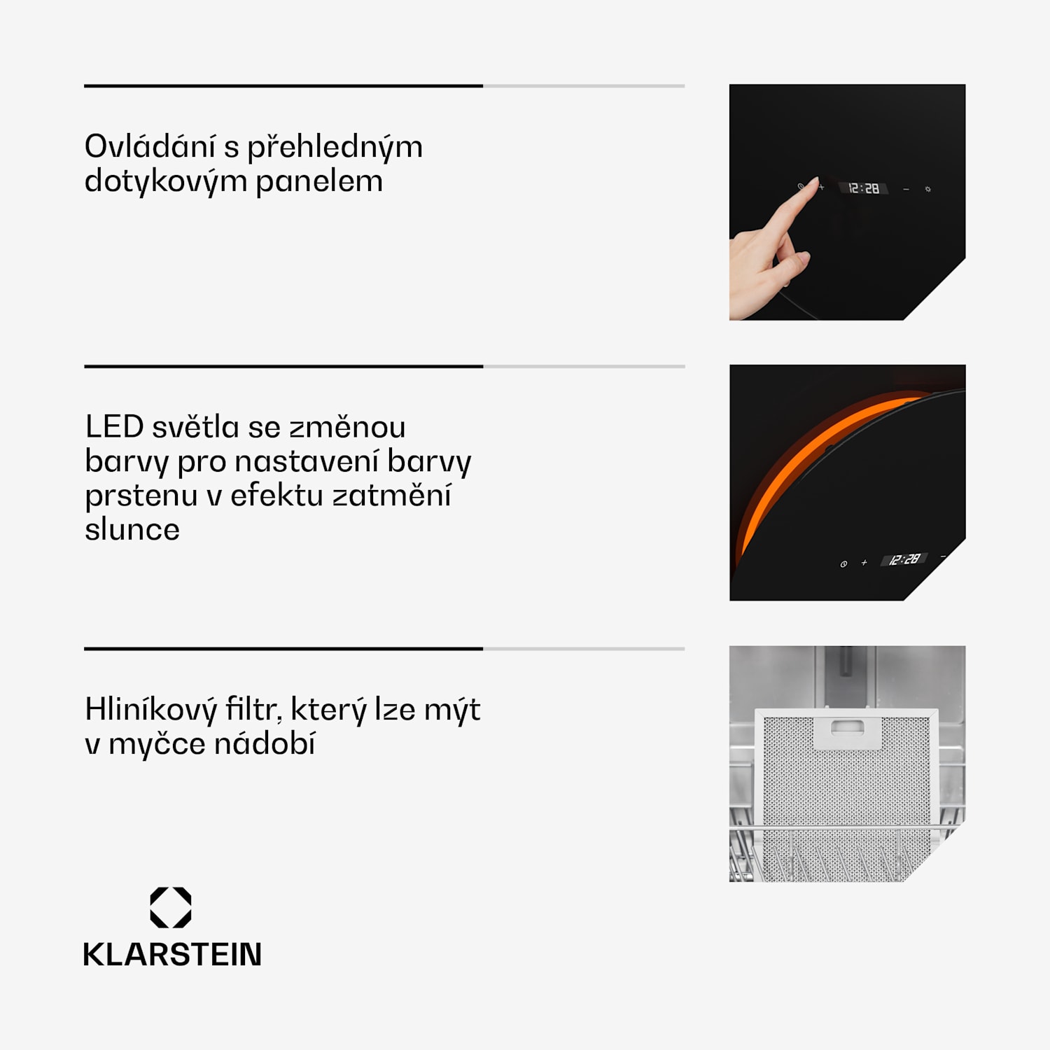 Digestoř Total Eclipse, LED osvětlení, dotykový, 594,2 m³/h, odtah/recirkulace 60 cm | Černá