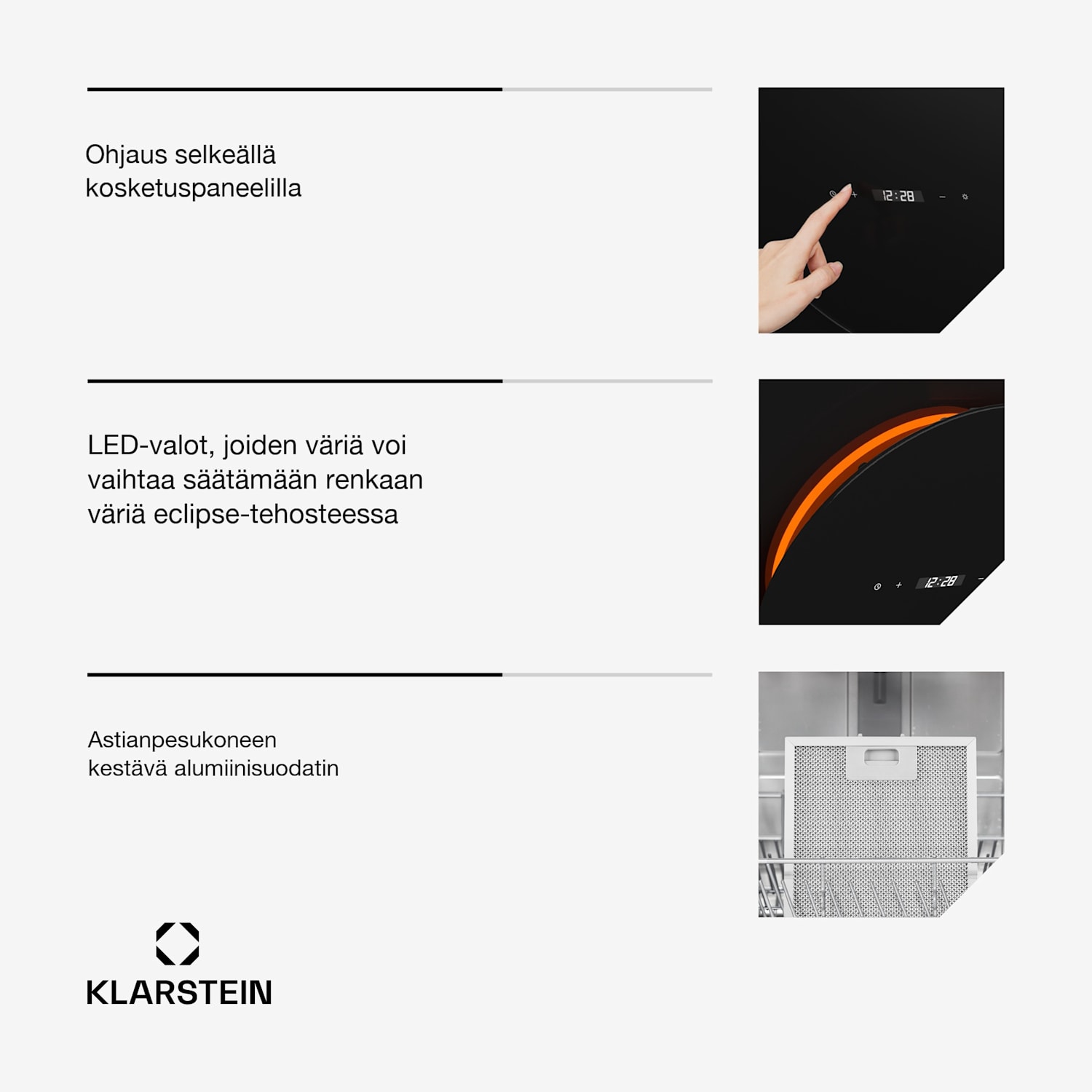 Total Eclipse liesituuletin | LED-valaistus | kosketusohjaus | 594,2 m³/h | poisto-/kiertoilma 60 cm