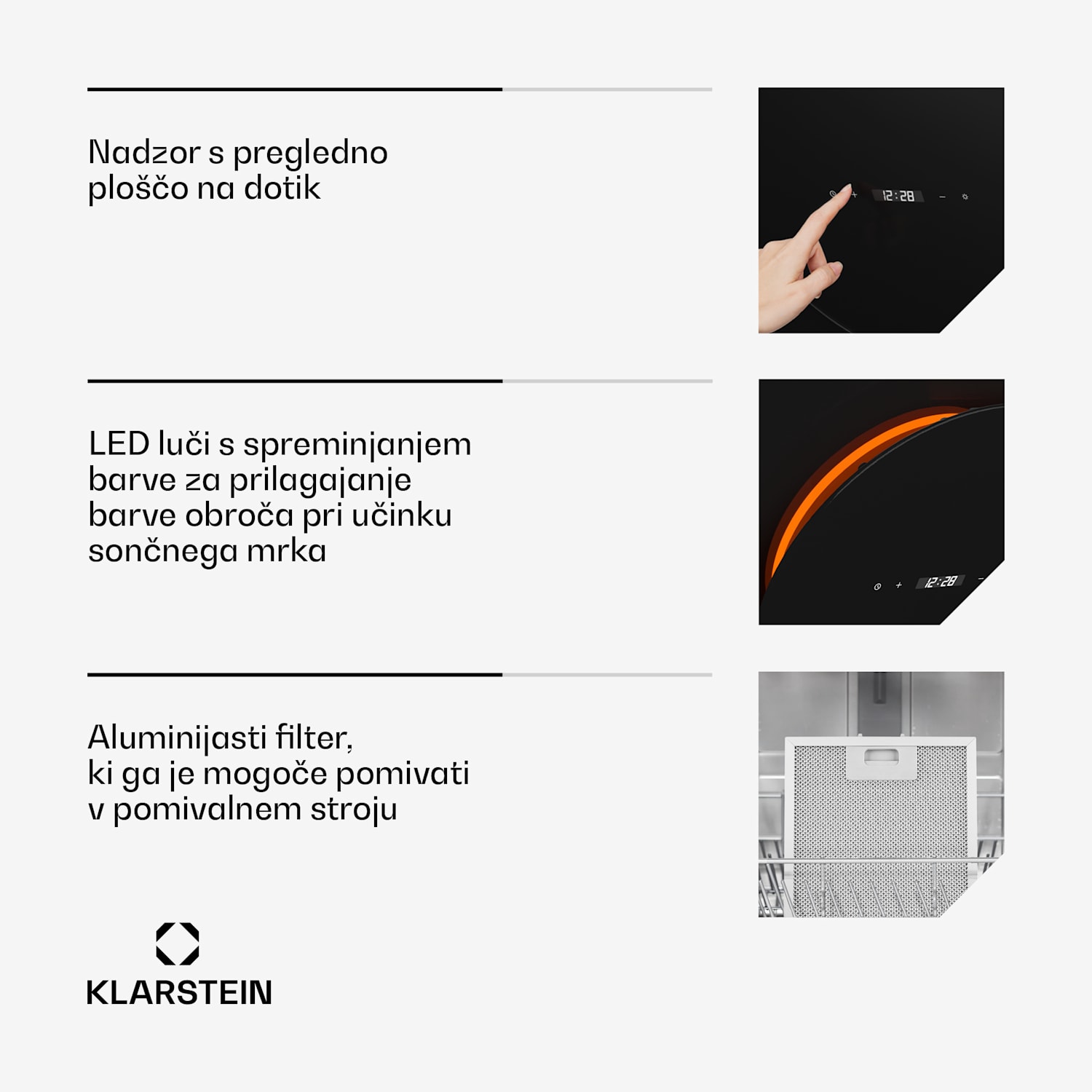 Total Eclipse kuhinjska napa, LED osvetlitev, na dotik, 594,2 m³/h, odsesavanje/recirkulacija 60 cm | Črna