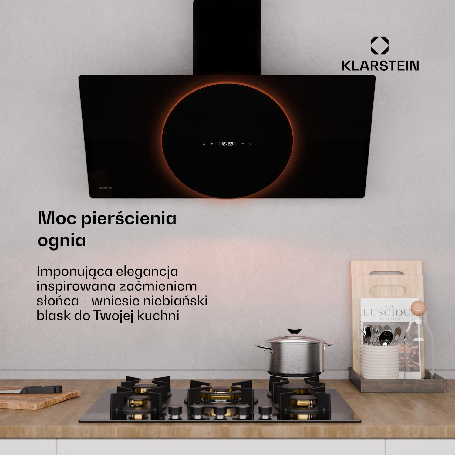 Total Eclipse okap/wyciąg, Oświetlenie LED, Dotykowy, 594,2 m³/h, Tryb otwarty/zamknięty 90 cm | Czarny