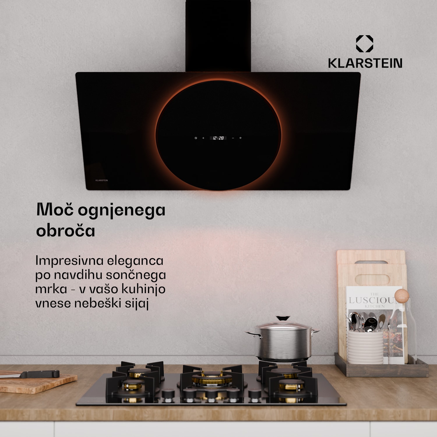 Total Eclipse kuhinjska napa, LED osvetlitev, na dotik, 594,2 m³/h, odsesavanje/recirkulacija 90 cm | Črna