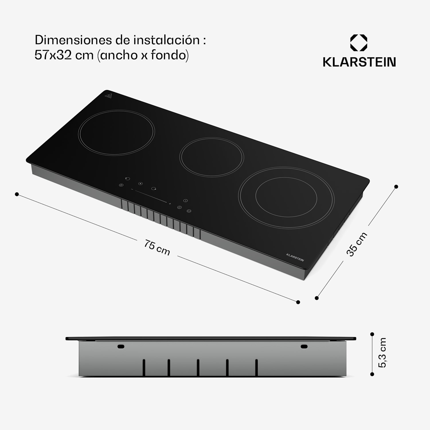 CeramEase Slim VTC Placa de cocción | Vitrocerámica | 3 zonas | 5,2 kW | Táctil | Temporizador 75 cm Slim