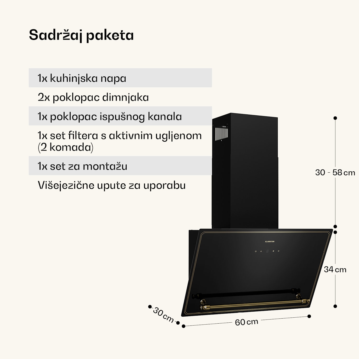 Victoria kosa kuhinjska napa 90 cm protok zraka 336 m³/h 60 cm | Crna
