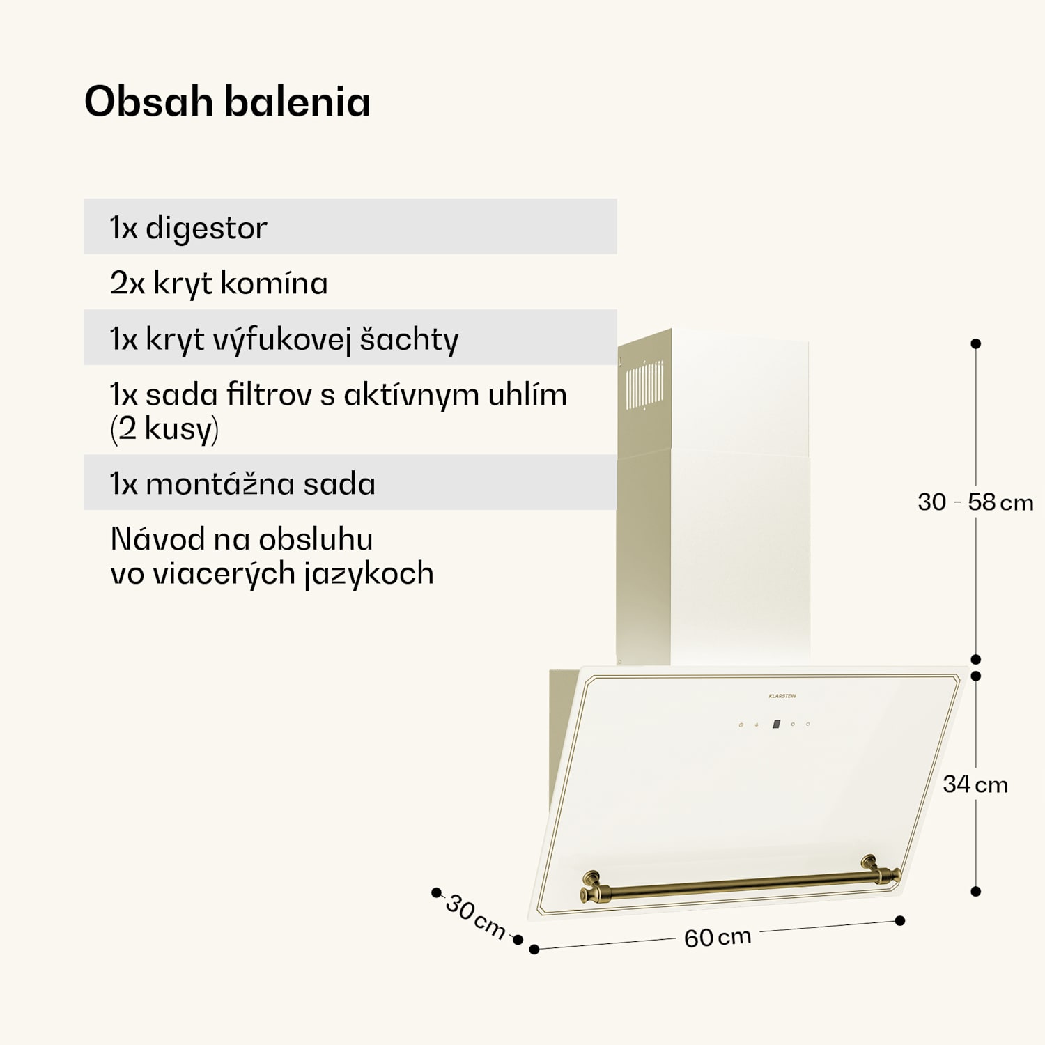 Victoria šikmý digestor 60 cm prietok vzduchu 336 m³/h 60 cm | Vintage Cream