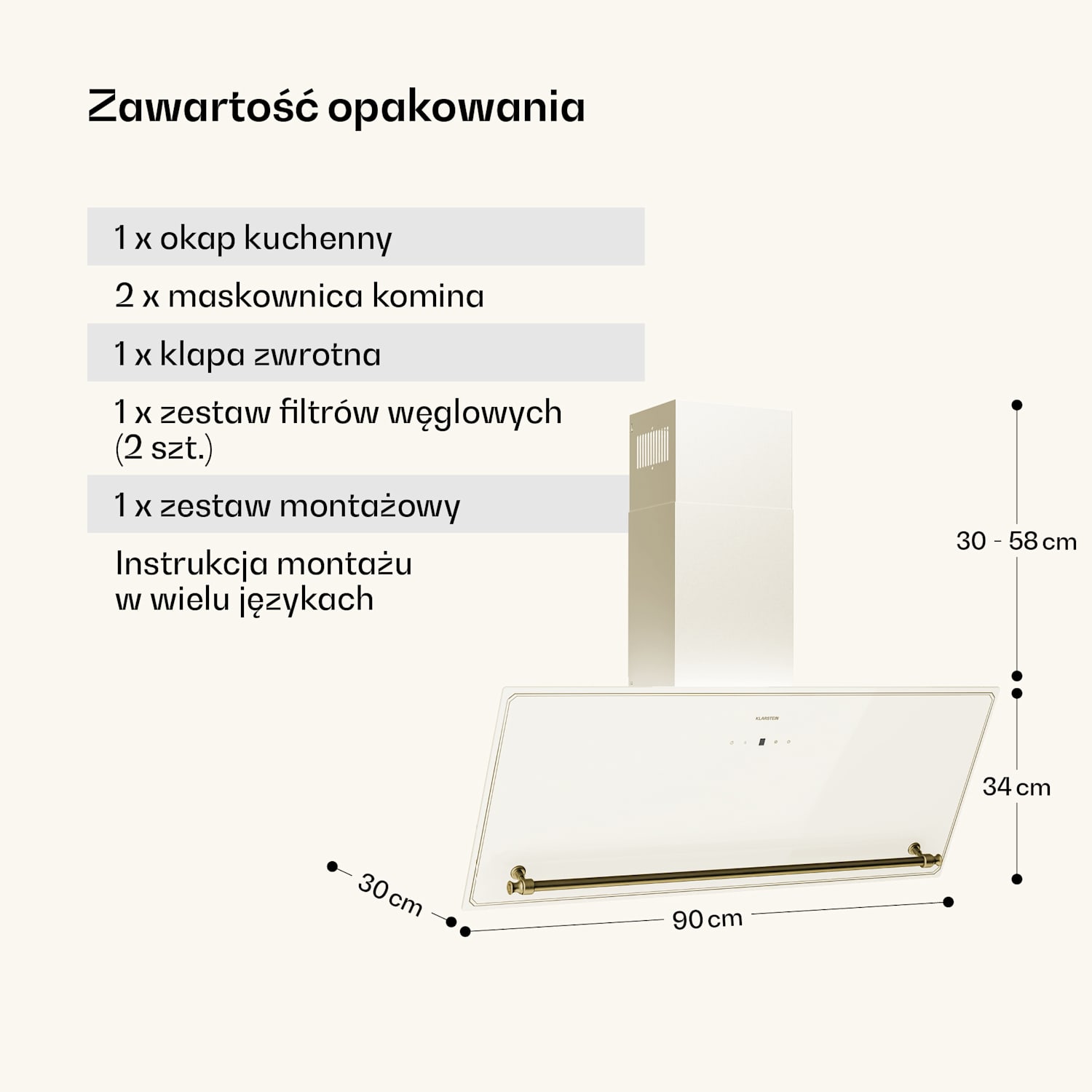Victoria okap skośny 90 cm przepływ powietrza 336 m³/h 90 cm | Vintage Krem