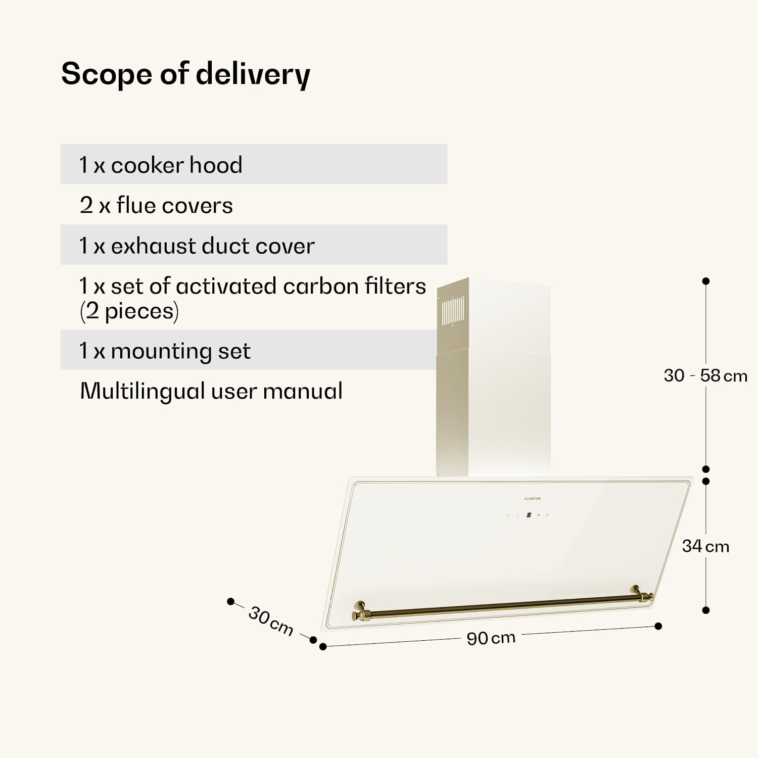 Victoria schuine afzuigkap 90 cm 336 m³/h luchtdebiet 90 cm | Vintage Crème
