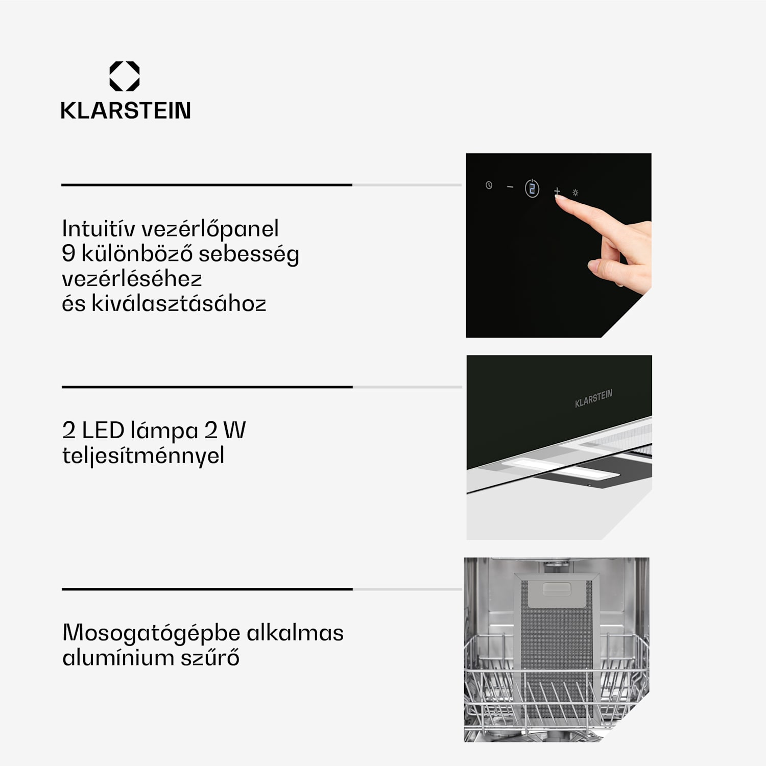 AlizeEdge páraelszívó, Érintős, Lapos, Csendes, Beépített, A+ 90 cm | Fekete