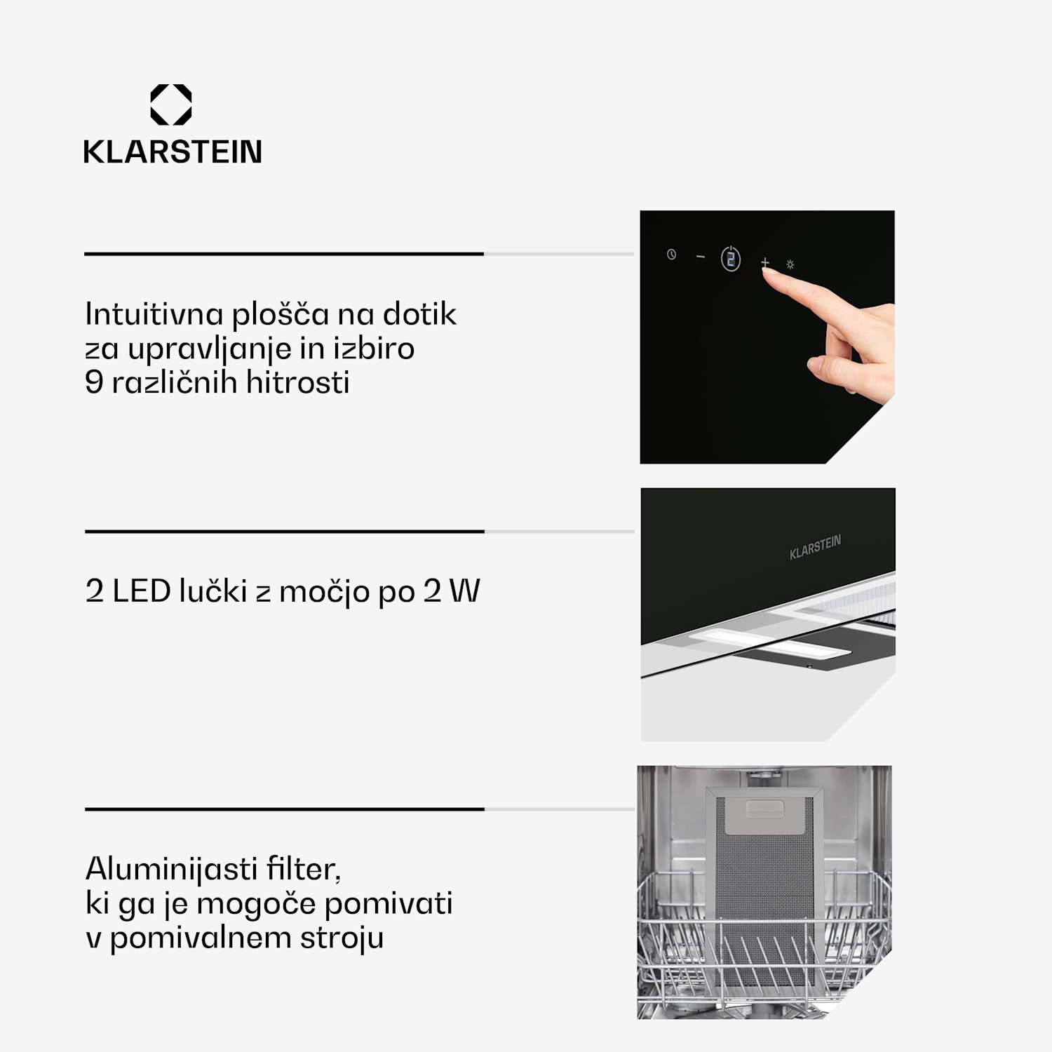 AlizeEdge kuhinjska napa, Na dotik, Ravna, Tiha, Vgradna, A+ 90 cm | Črna