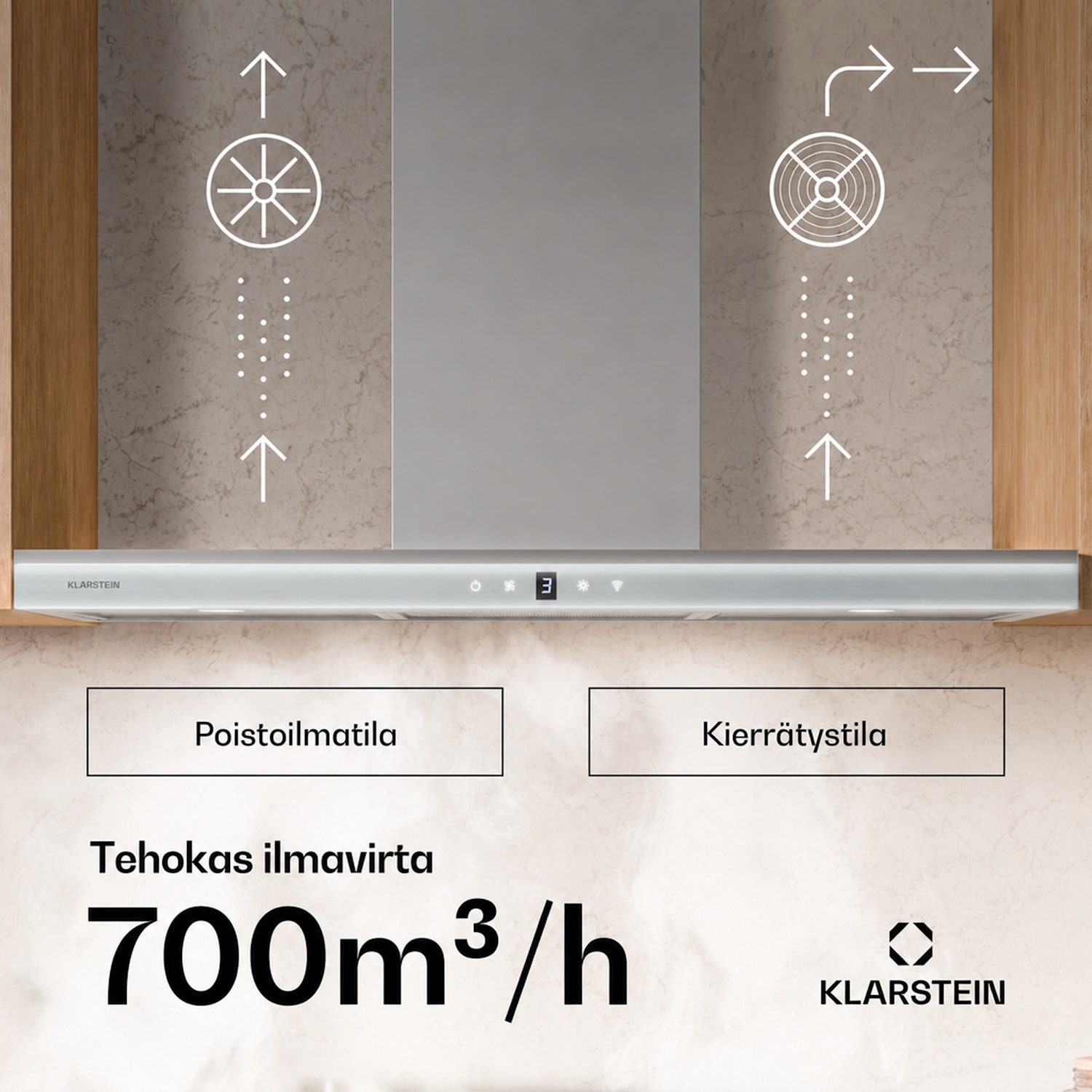 Auriana-liesituuletin | tunnelmavalo | 700 m³/h | WiFi | kosketus | LED 90 cm