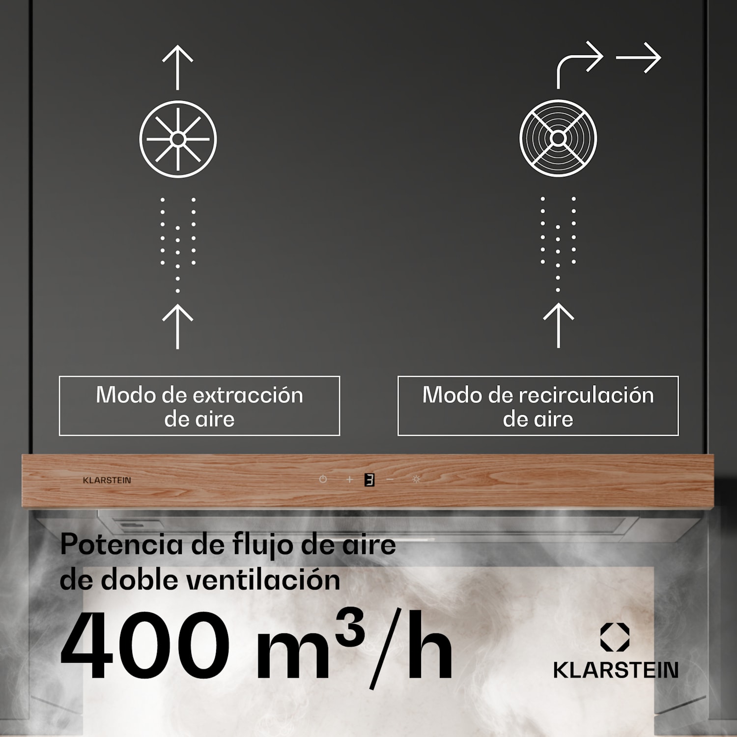 Campana extractora ZenFusion | 400 m³/h de flujo de aire | EEK A | extracción de aire/recirculación | 3 niveles | silenciosa 60 cm | Negro