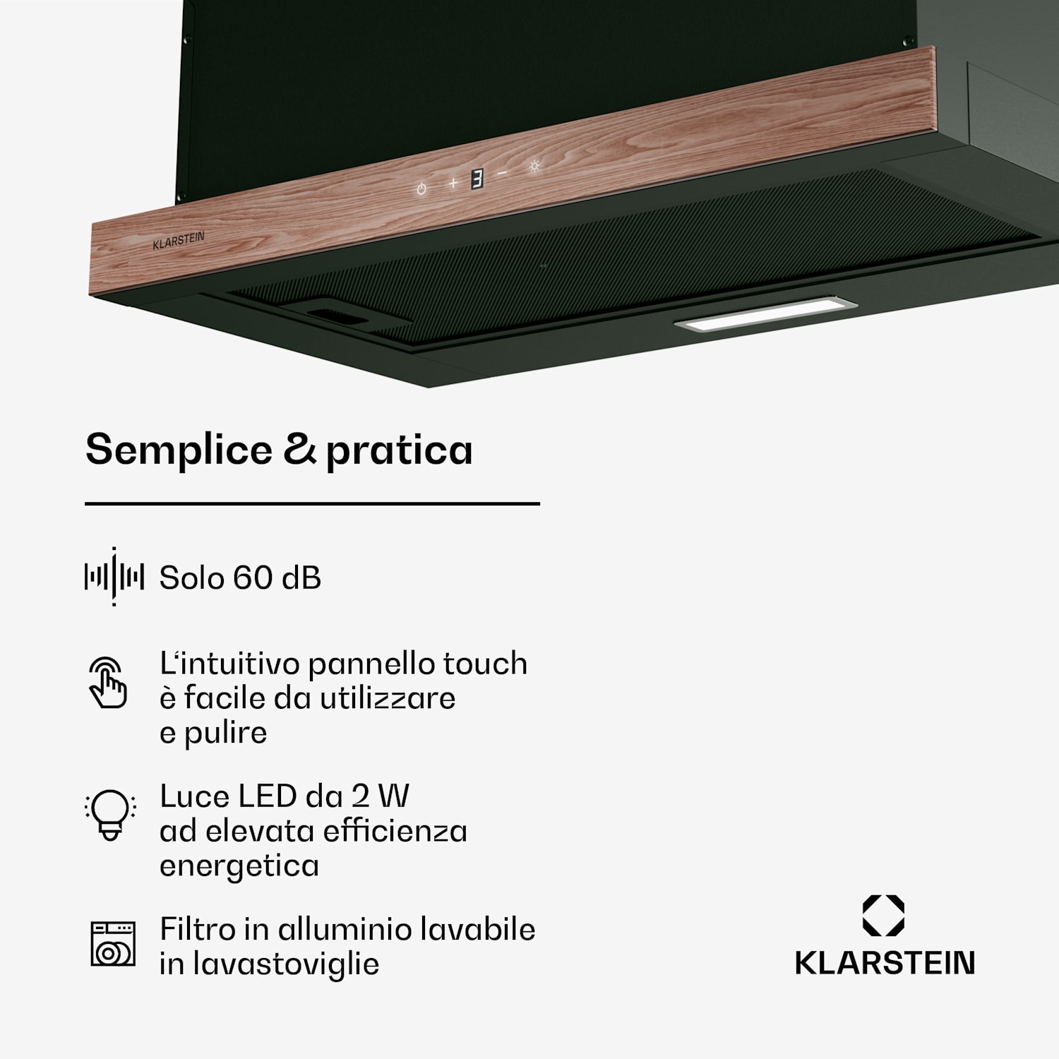 ZenFusion - Cappa aspirante | Flusso d'aria: 400 m³/ora | Classe energetica A | Scarico/ricircolo | 3 livelli di ventilazione | Silenziosa 60 cm | Preto