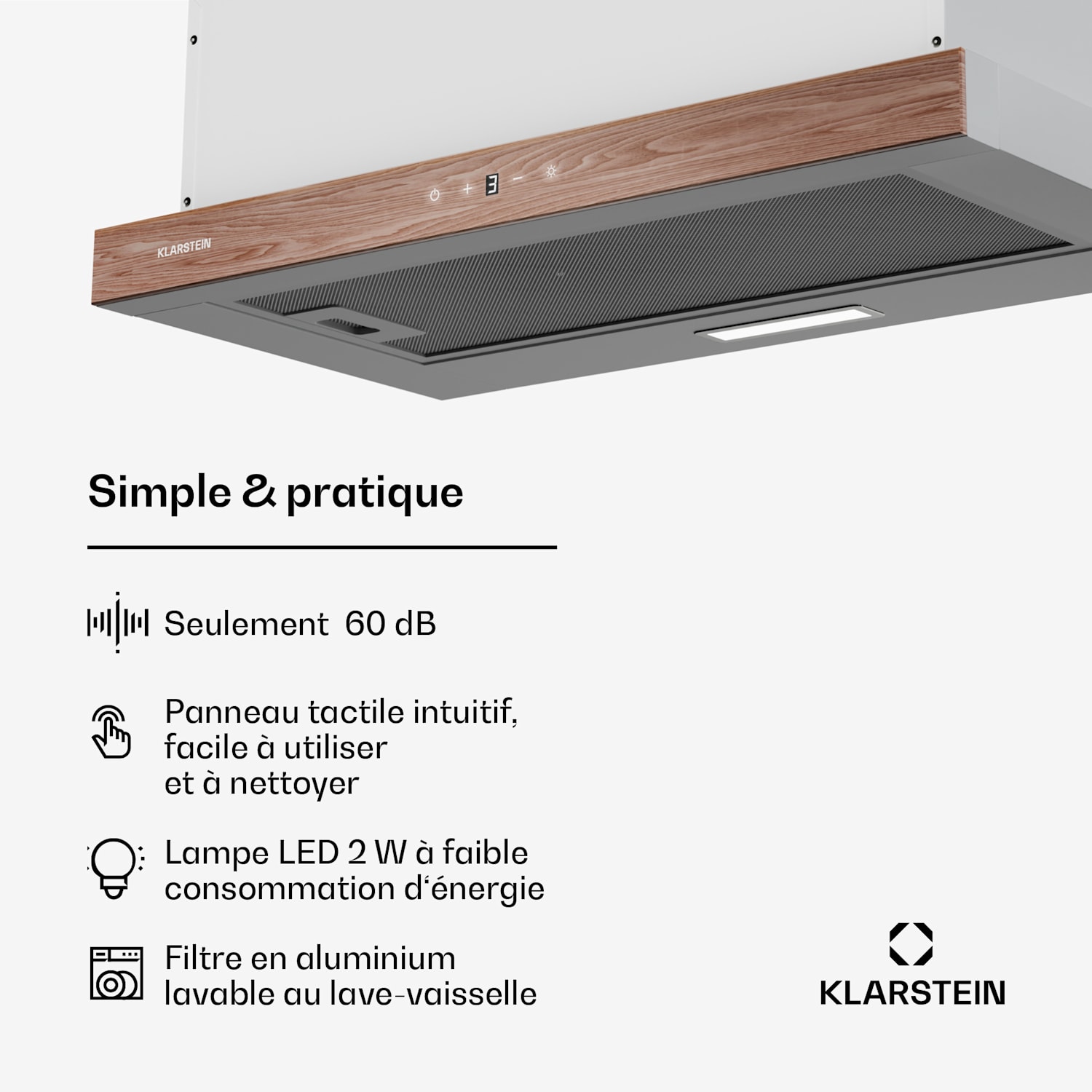 ZenFusion Hotte aspirante | Débit d'air de 400 m³/h | CEE A | air évacué/recyclé | 3 vitesses | silencieuse 
