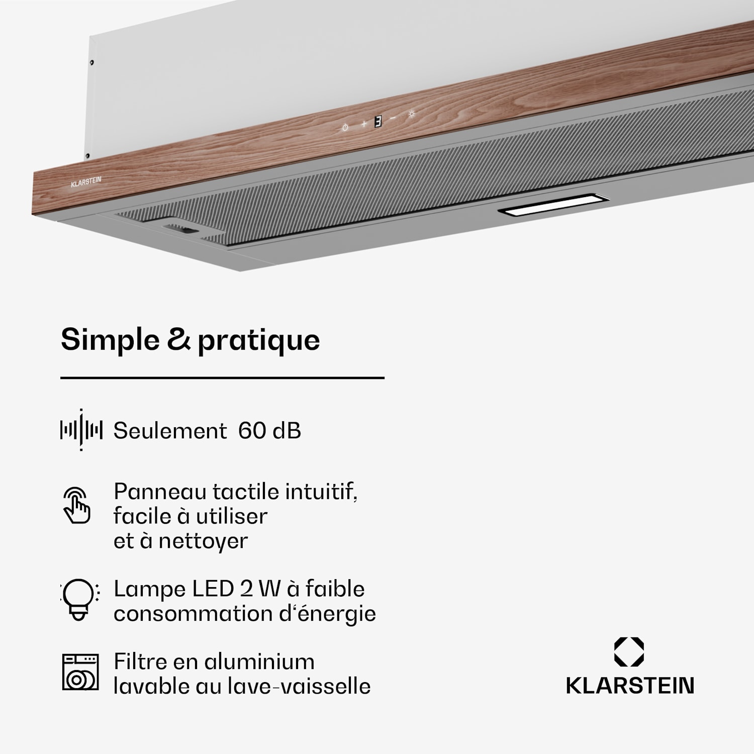 ZenFusion Hotte aspirante | Débit d'air de 400 m³/h | CEE A | air évacué/recyclé | 3 vitesses | silencieuse 