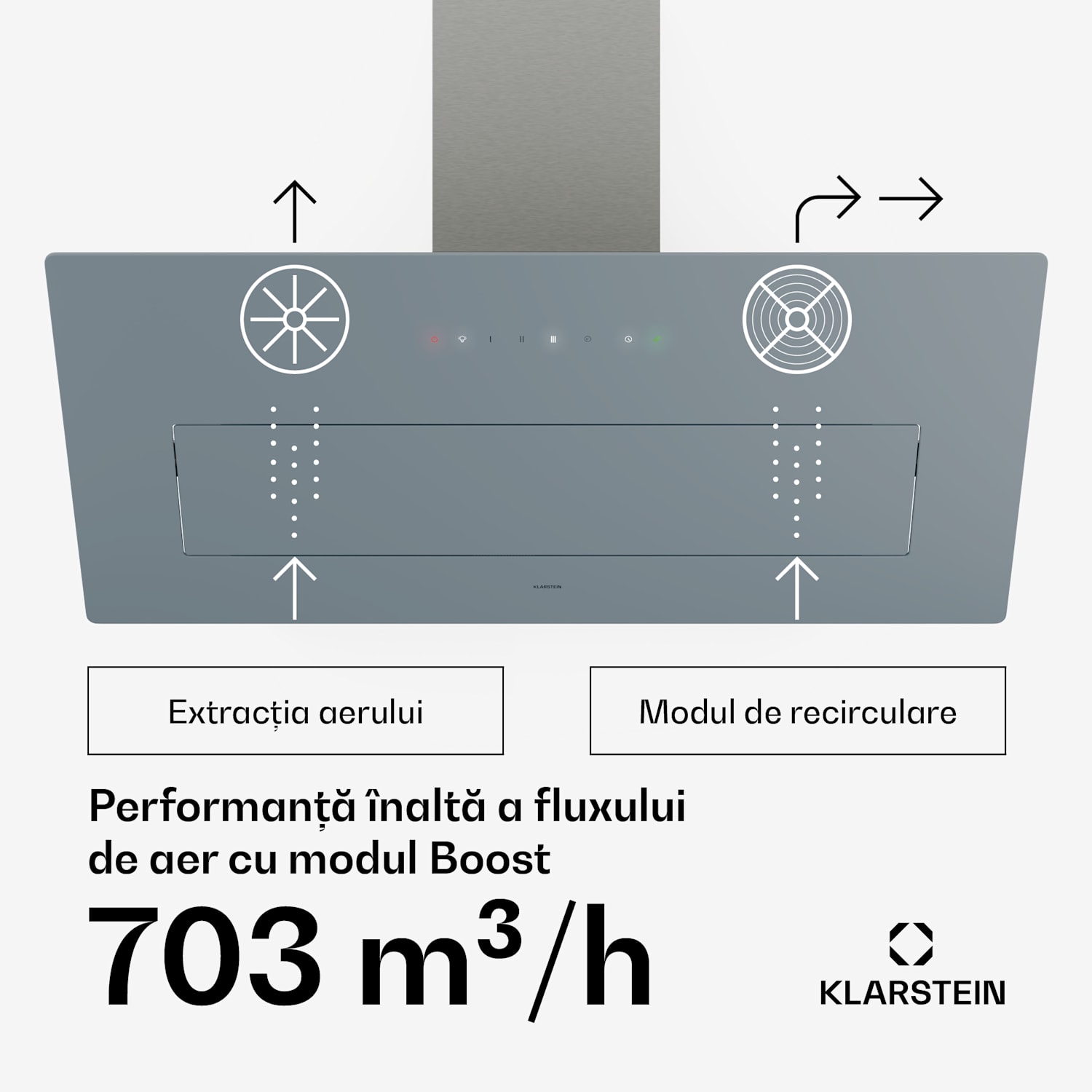 Hota SleekAir, A+++, 717 m³/h, control tactil, 90 cm 90 cm | Oțel inoxidabil