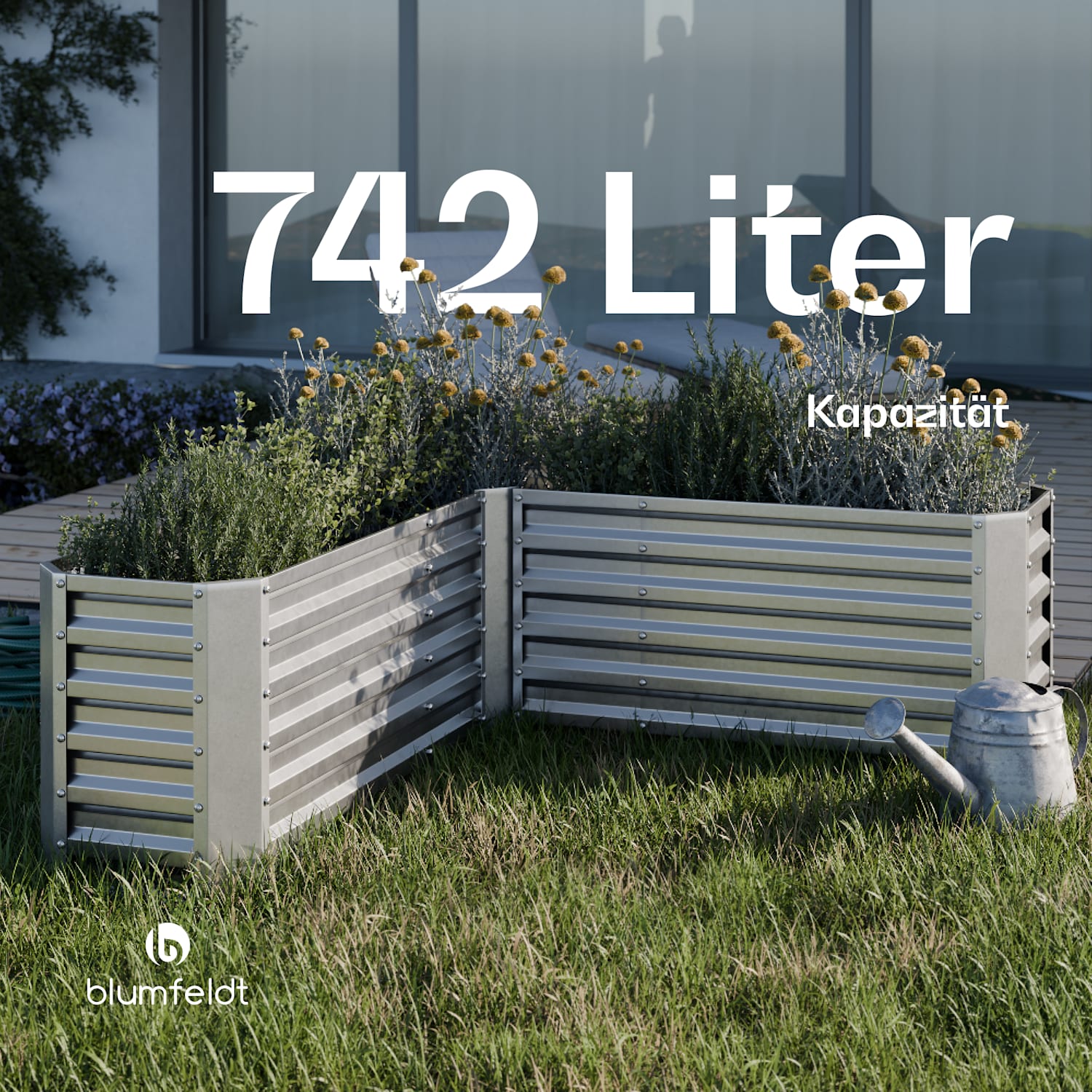 High Grow Hochbeet | L-Form | wetterfest | rostfrei | robust | 742 L 160 x 160 x 60 cm | Silber